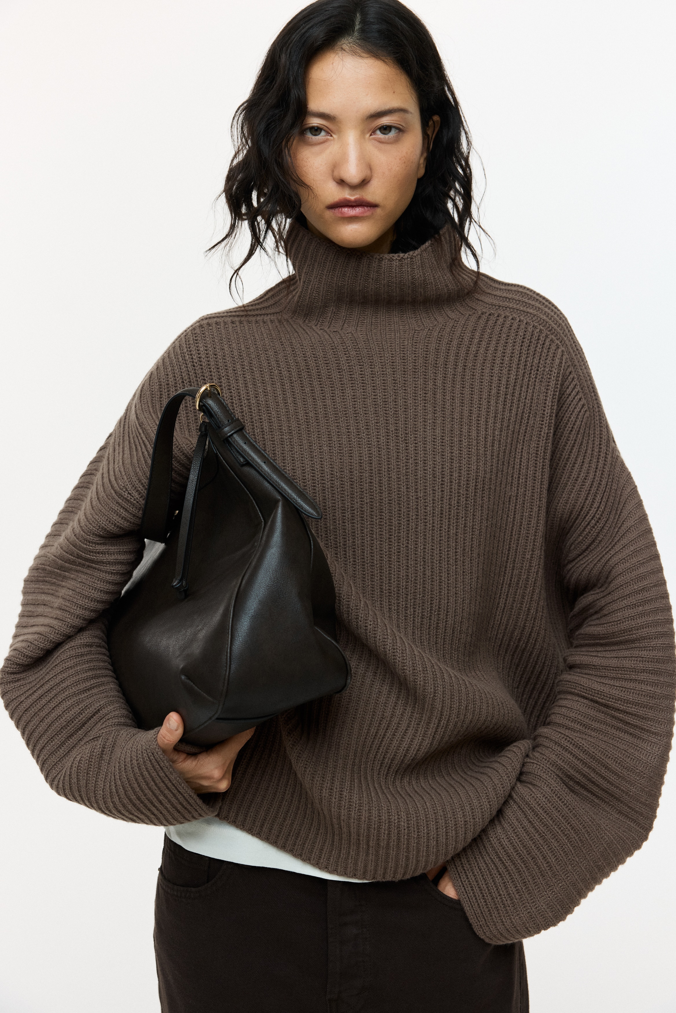 ウールブレンド リブニットセーター - ダークモール - レディース | H&M JP