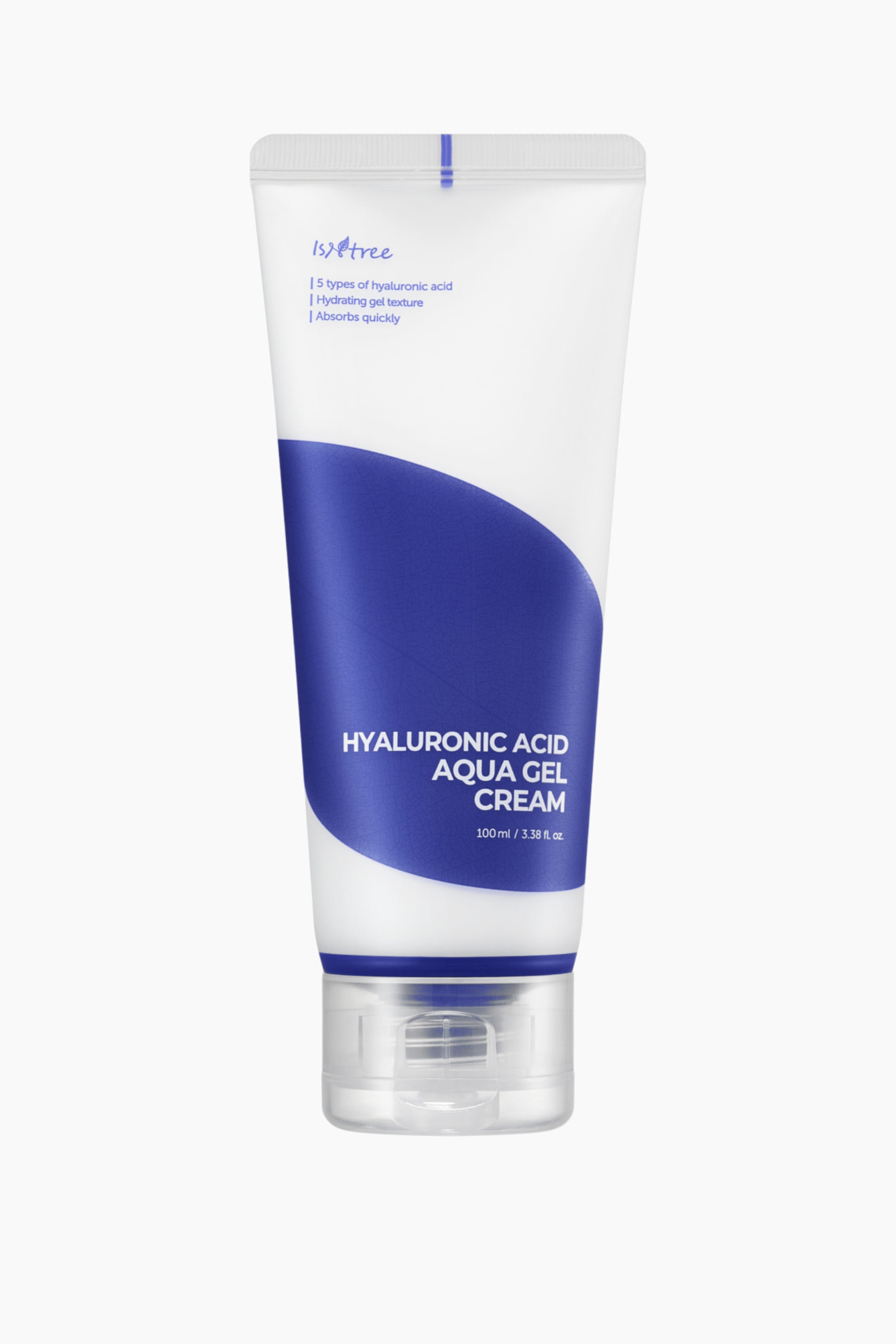 Visa större bild: En vit kosmetisk tub står upprätt och vänd framåt, med en framträdande blå vågig design över framsidan. Tuben visar texten 'Isntree Hyaluronic Acid Aqua Gel Cream' och volymen '100 ml / 3,38 fl. oz.' och är förseglad med ett genomskinligt flip-top lock.