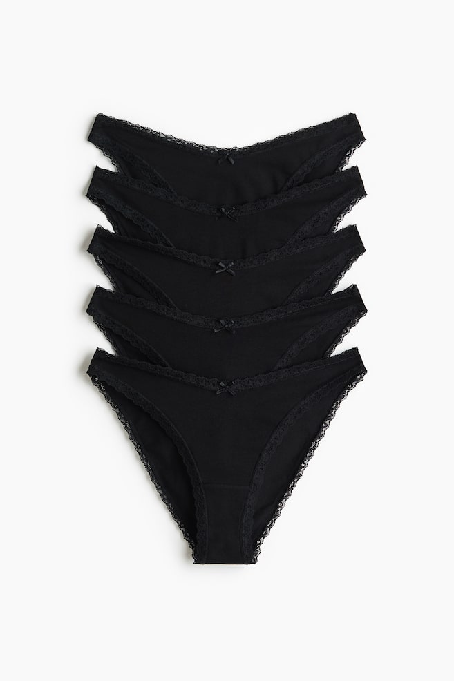 Pack de 5 bragas de algodón con ribetes de encaje - Negro/Rosa/Floral crema/Blanco/Azul claro/Marrón oscuro - 1