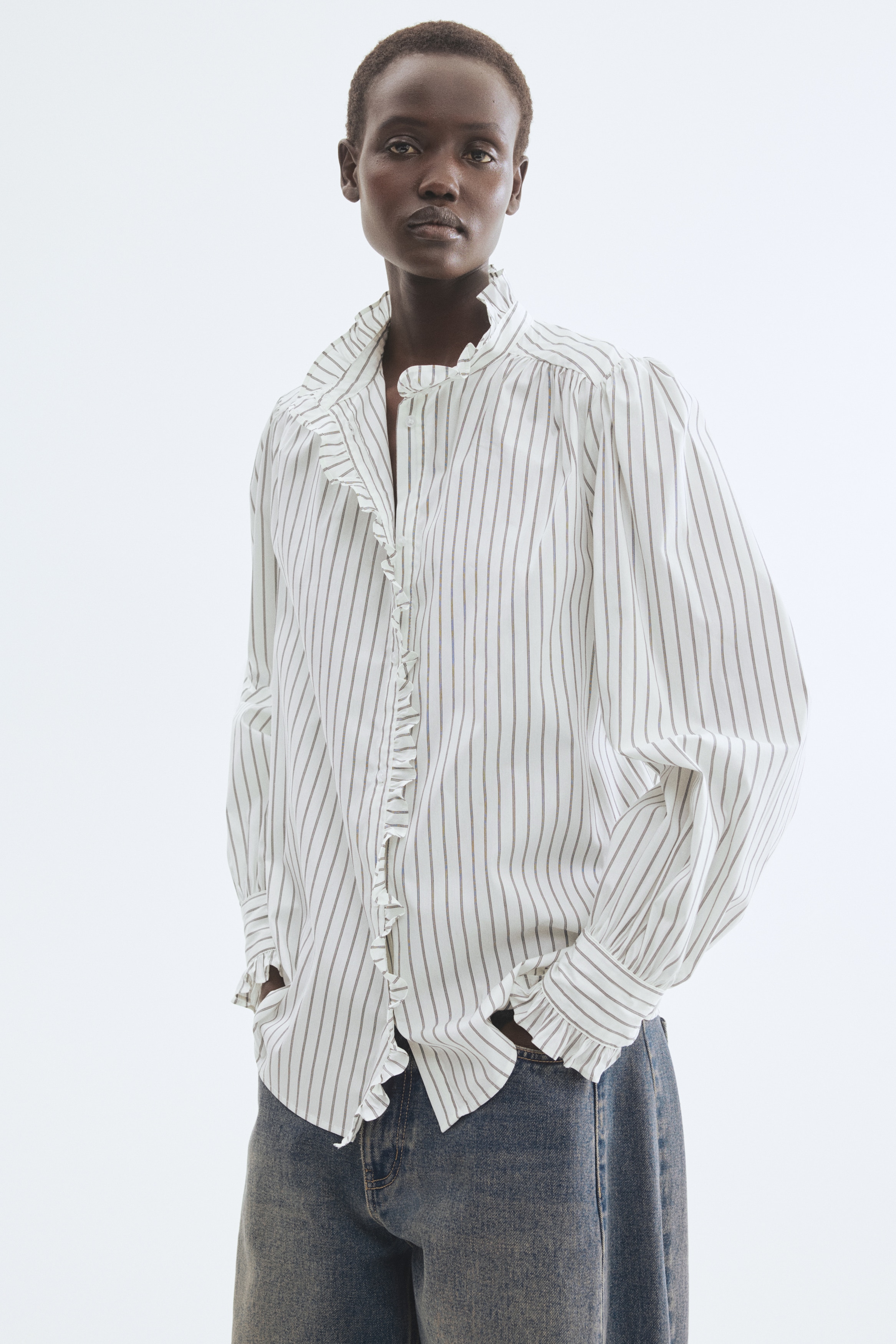 Bluză cu volănașe - Alb/dungi