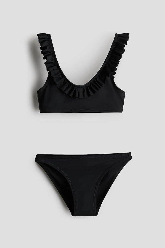 Frill-trimmed bikini - Black/Coral pink - 1