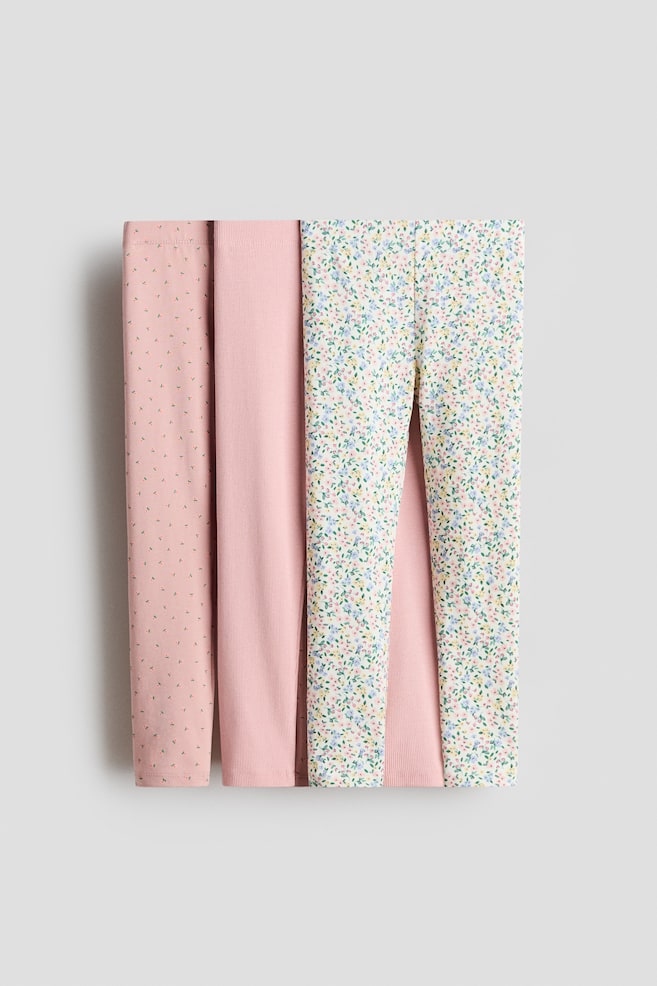 Set van 3 katoenen leggings - Dusty lichtroze/bloemen/Marineblauw/bloemen/Zwart/stippen - 1