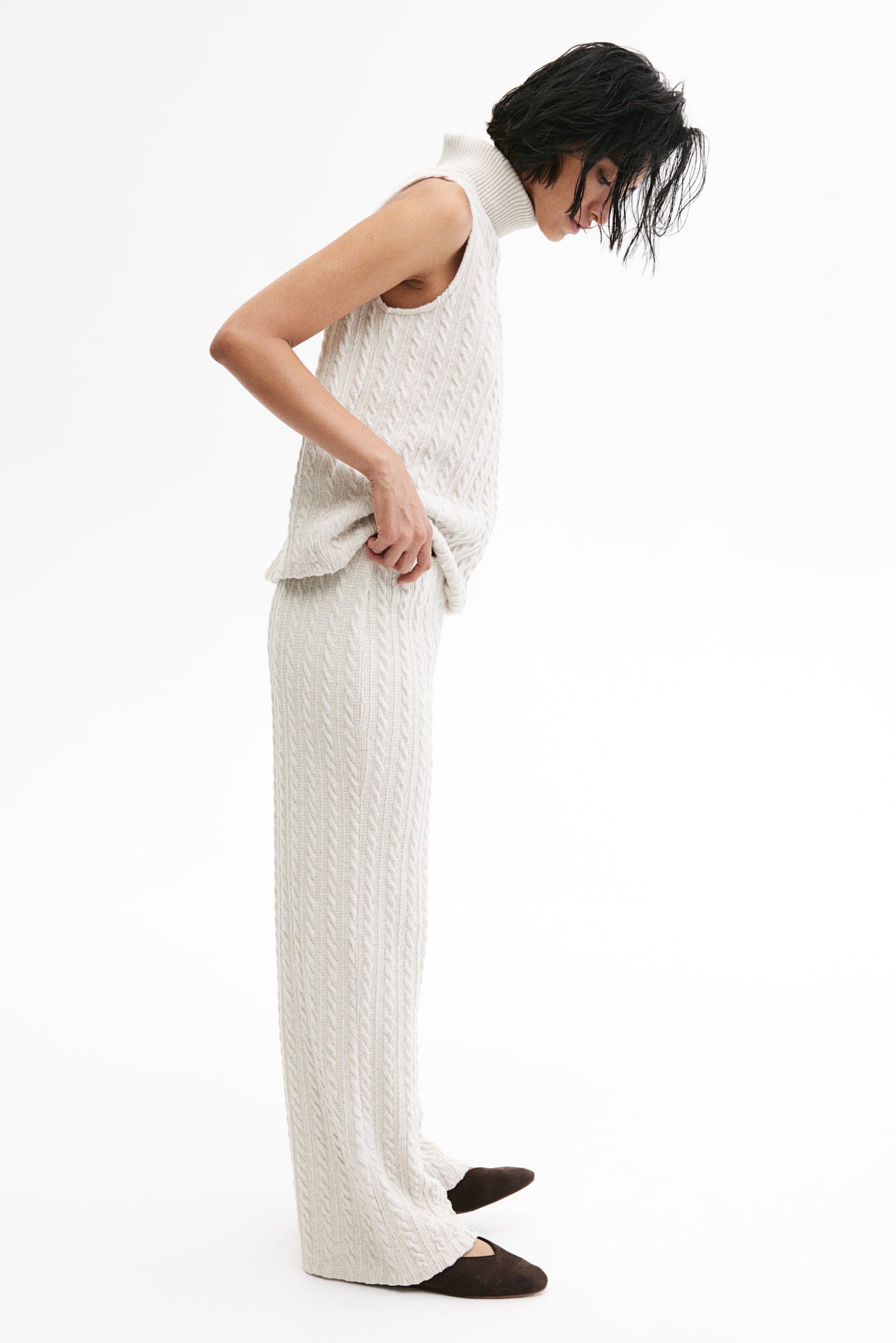 Cable-knit trousers - White/Light beige marl - 4