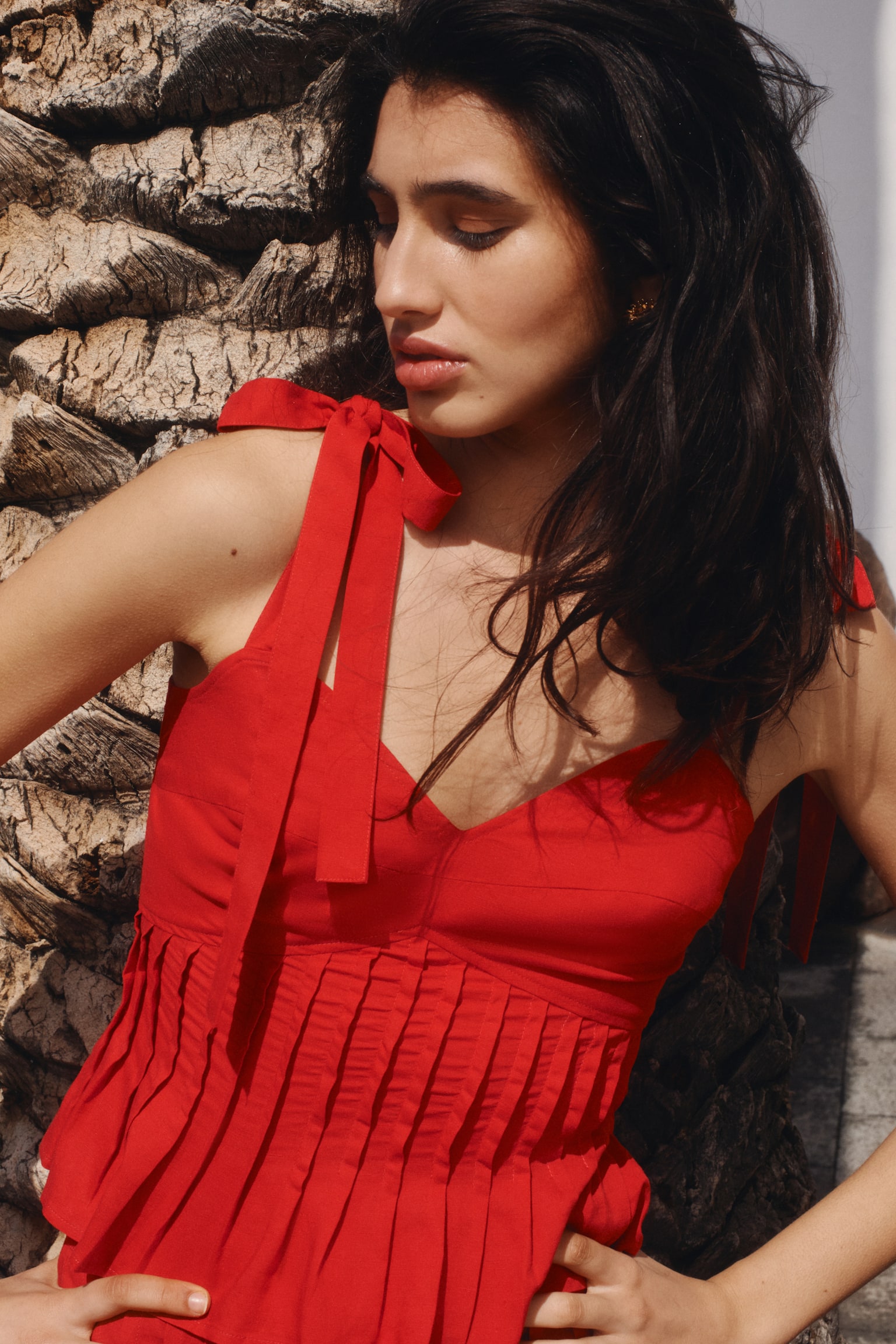 Linen-blend tie-strap top - Bright red - 4
