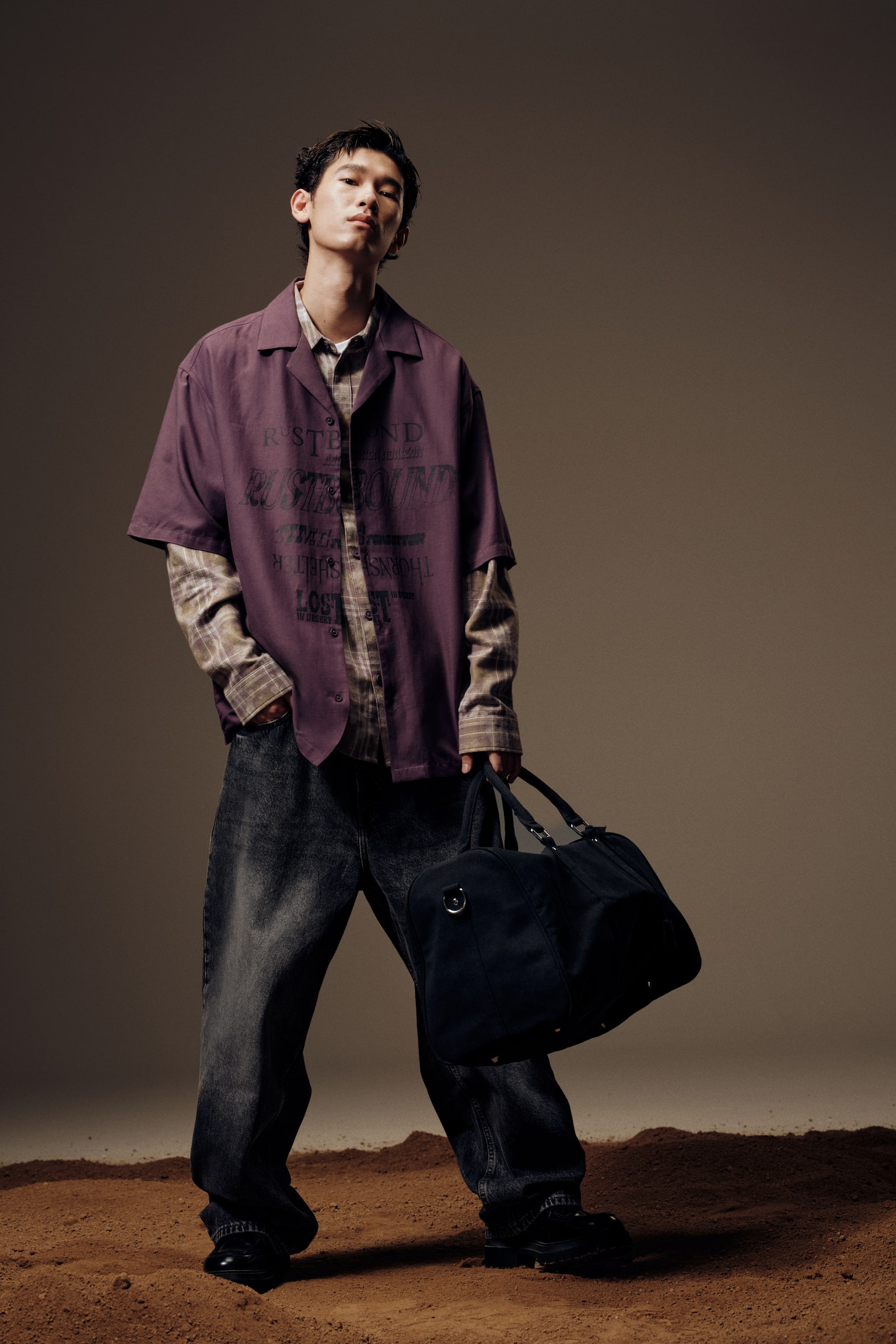 寬鬆剪裁休閒襯衫 - 深紫色/Rustbound/黑色/Rustbound/米色/印花 - 3