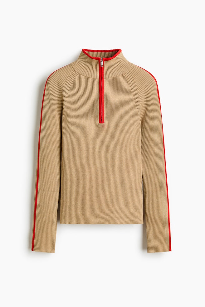 Sweter w prążki z suwakiem u góry - Beżowy - 1