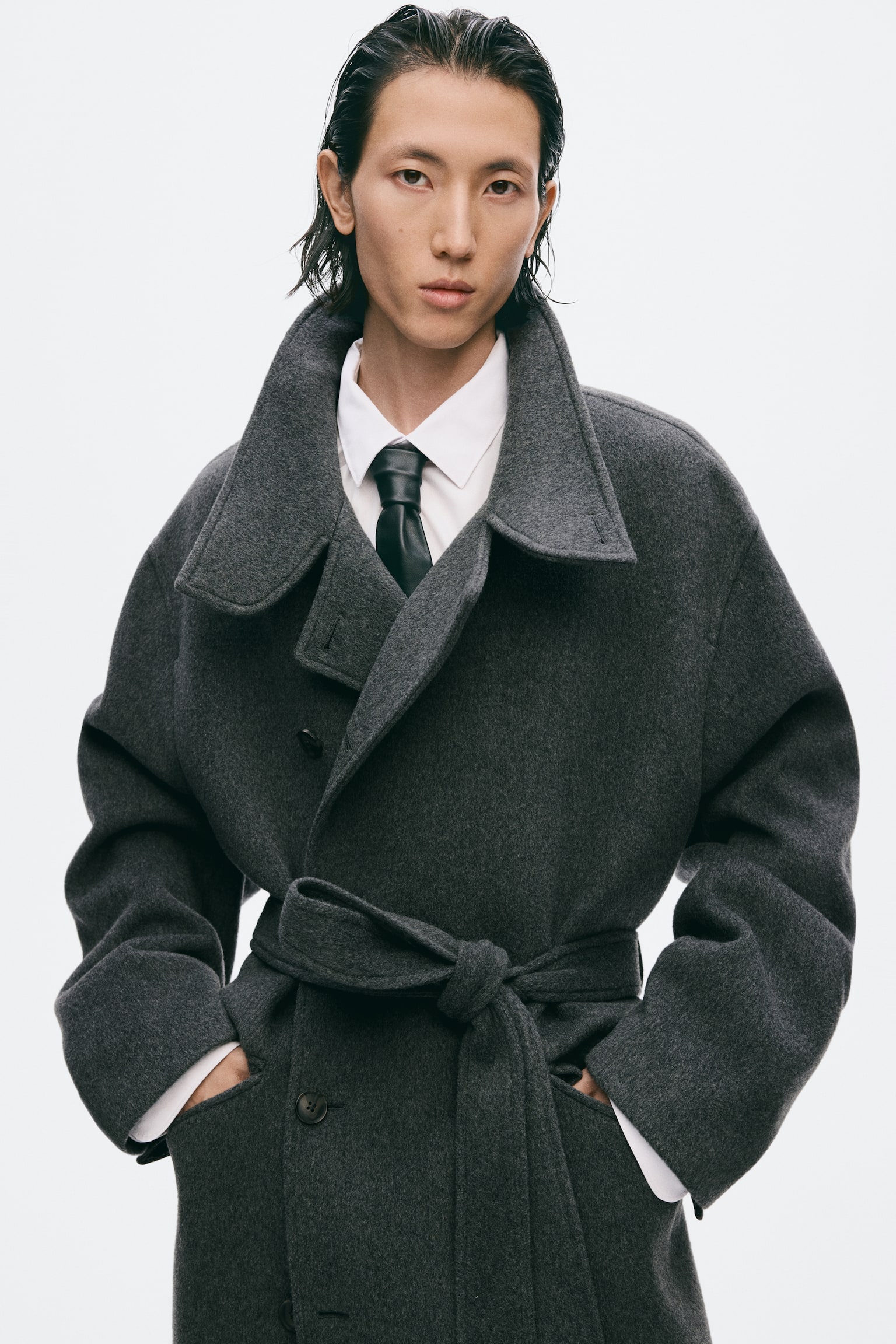 Мужское пальто H&M Belted Wool-Blend, цвет: Тёмный серый — фото 3