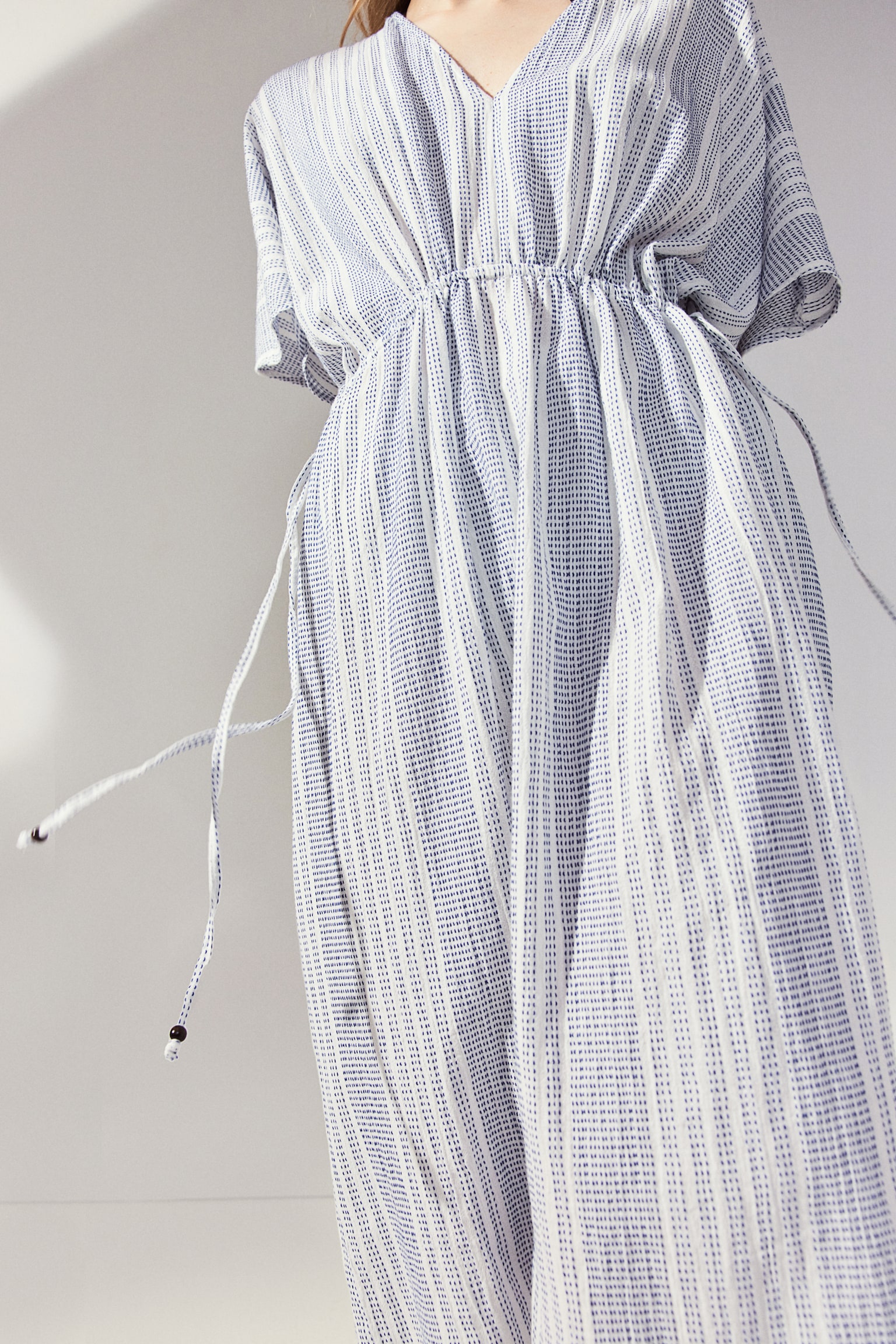 Drawstring-detail kaftan dress - White/Blue striped/Black/Striped - 7