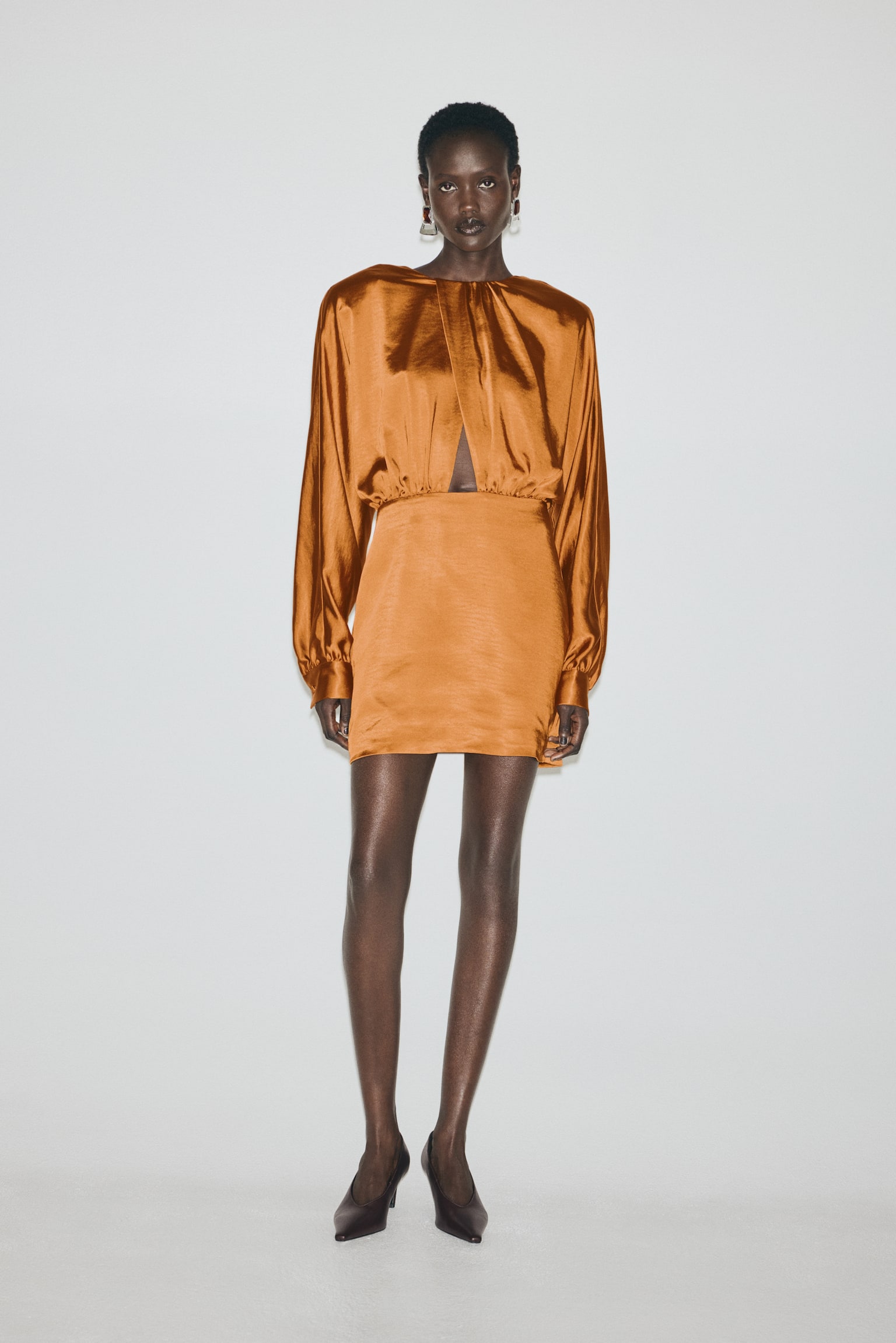 Draped satin dress - Orange - 4