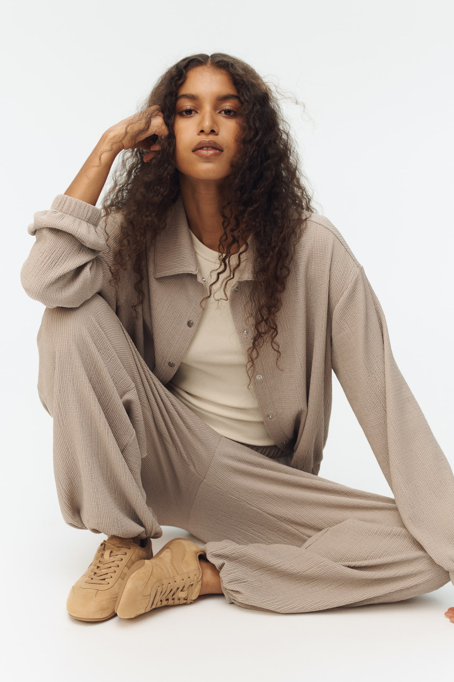 Textured jersey jacket - Beige/Dark brown - 1