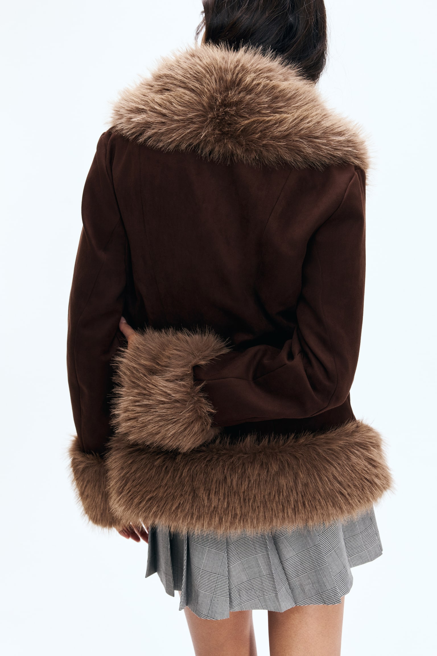 Fluffy-trimmed jacket - Dark brown/Black - 3