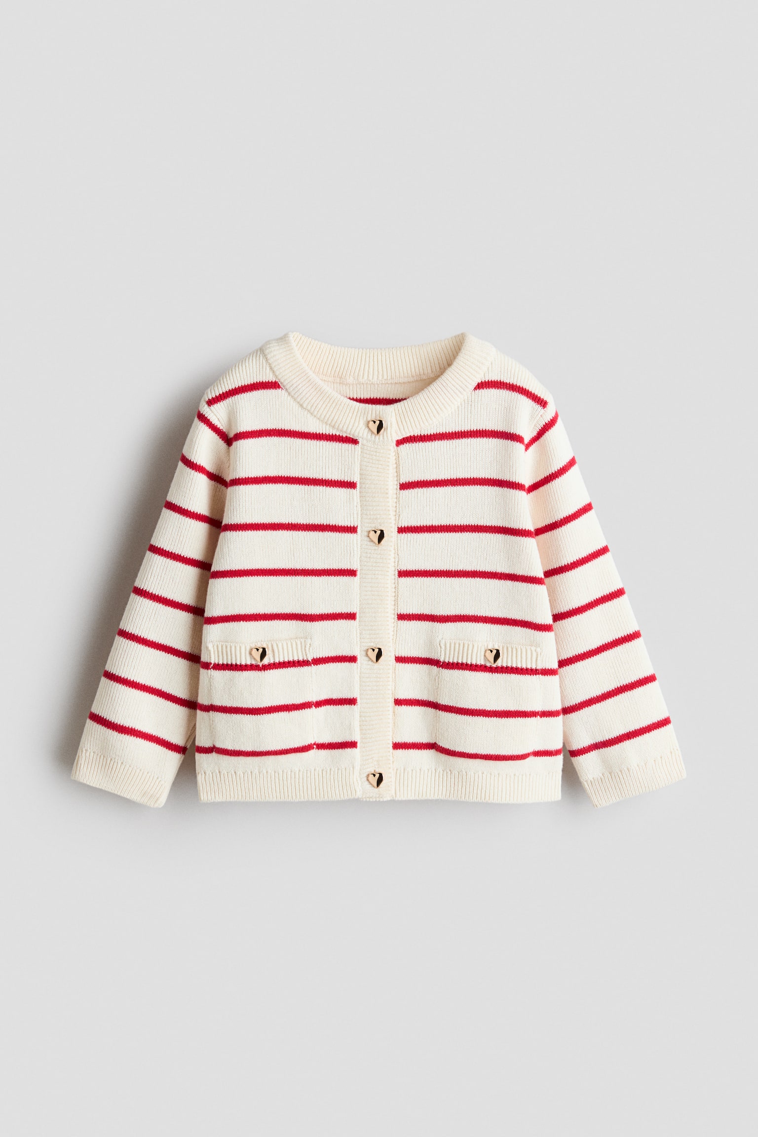 Finstrikket cardigan - Creme/Rødstribet/Creme/Sort