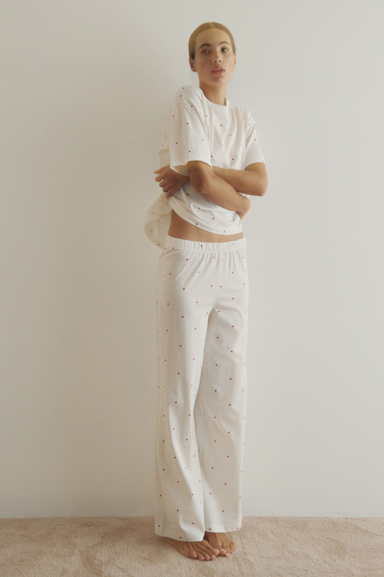 Pamuklu Pijama Takımı - Krem/Kalpler/Krem/Çiçekli - 1