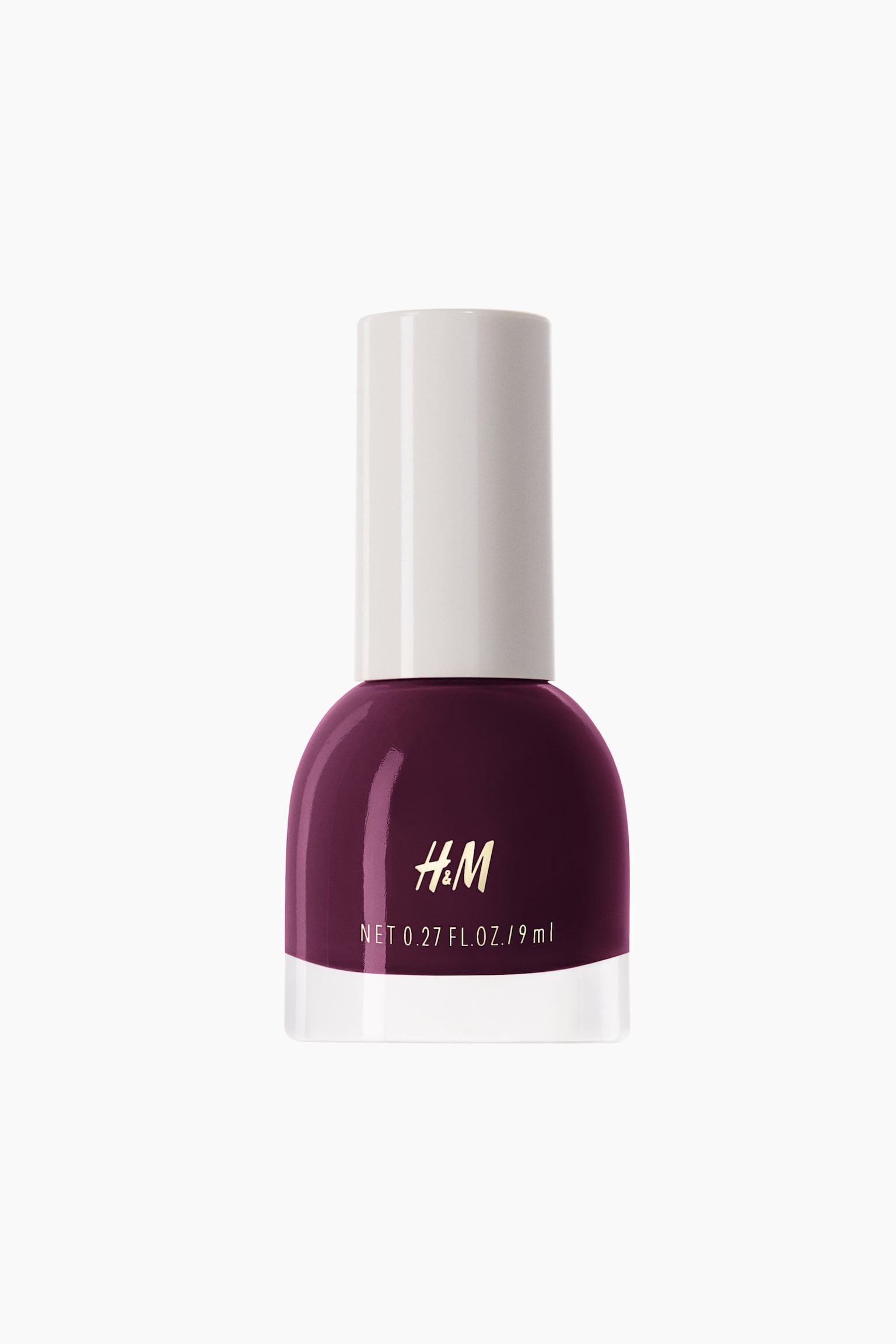A nail polish bottle is positioned facing front, showcasing a deep plum-purple polish inside a rounded, dome-shaped glass bottle with a thick, clear base. The bottle features a glossy, cylindrical white cap and displays a gold "H&M" logo, with "NET 0.27 FL. OZ. / 9 ml" printed in white text on the front.