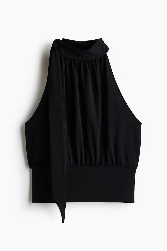 Scarf-collar crêpe top - Black/Light yellow - 1