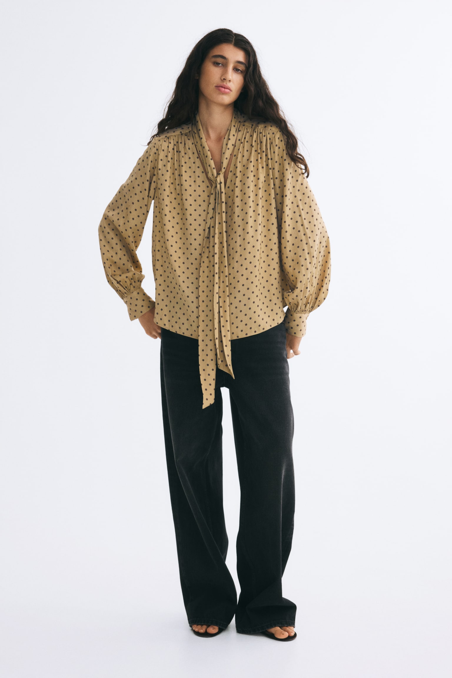 Женская блузка H&M Oversized Scarf-Collar Blouse, цвет: Бежевый / В горошек — фото 3