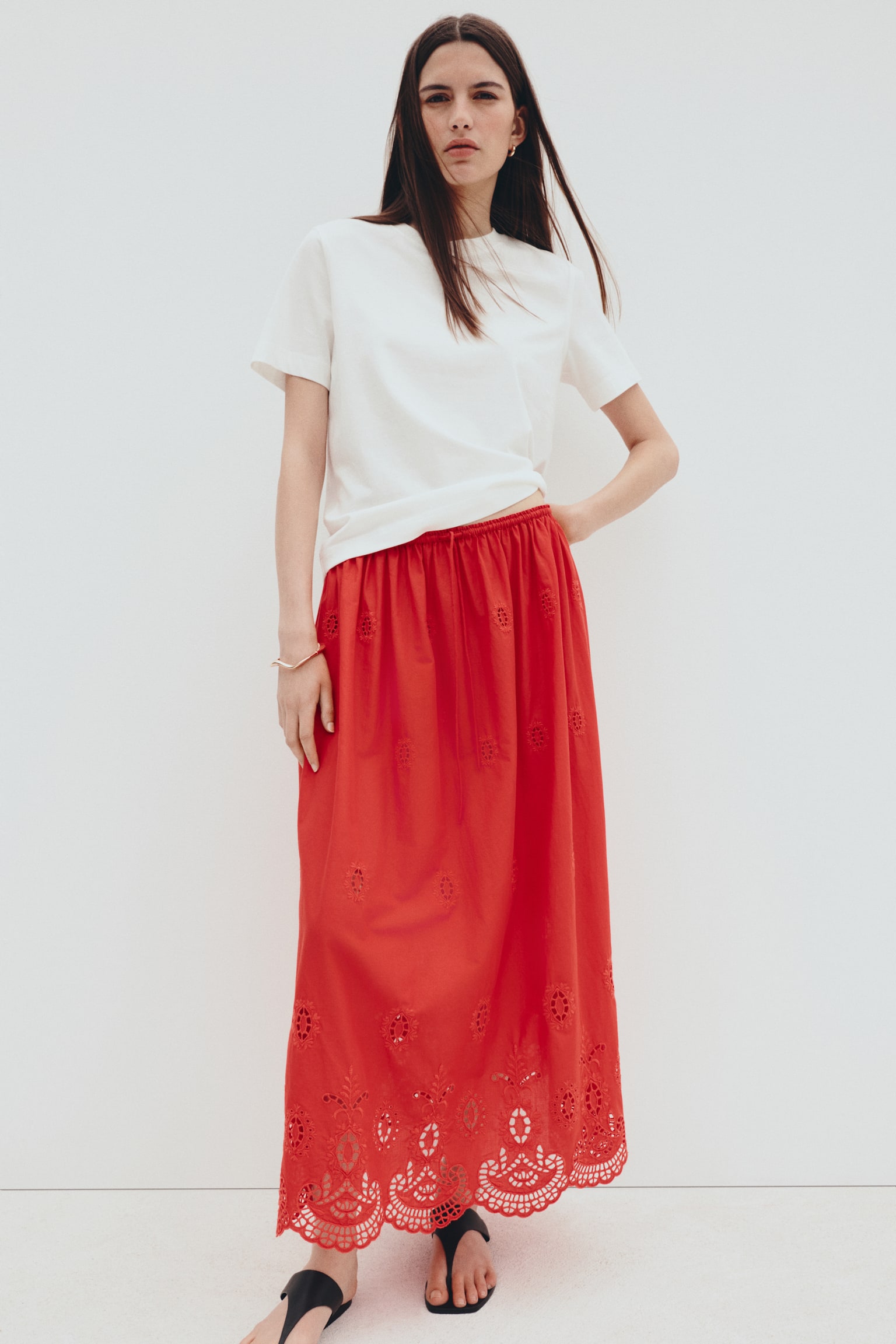 Broderie anglaise drawstring skirt - Red/White - 1