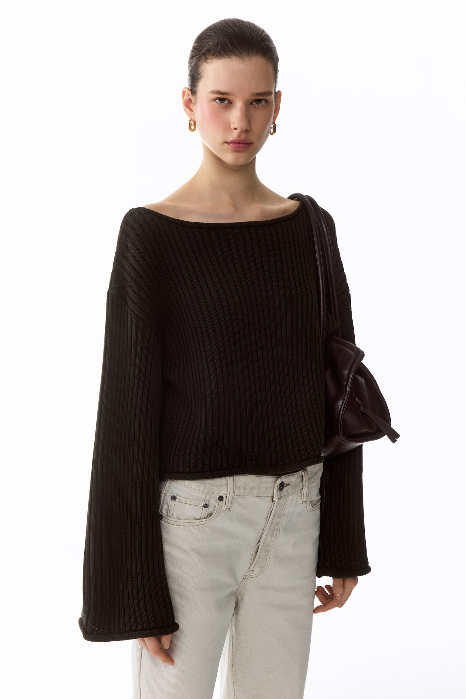 Pull en maille côtelée avec encolure bateau - Vert foncé/Beige clair - 4