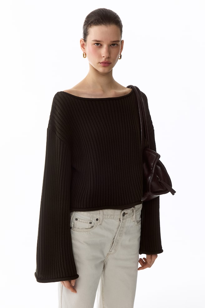 Rib-Knit Boat-Neck Sweater-Dark green - 4
