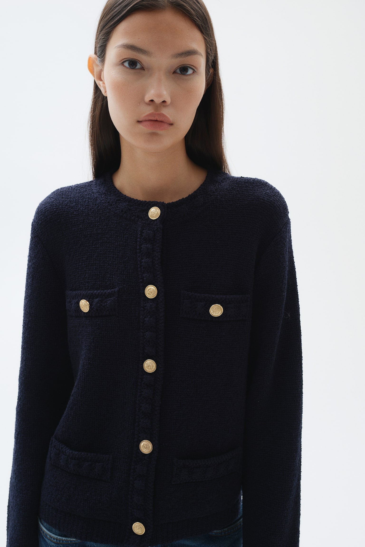 Textured-knit cardigan - Navy blue/Black/Cream/Dark khaki green/Black/Cream - 1