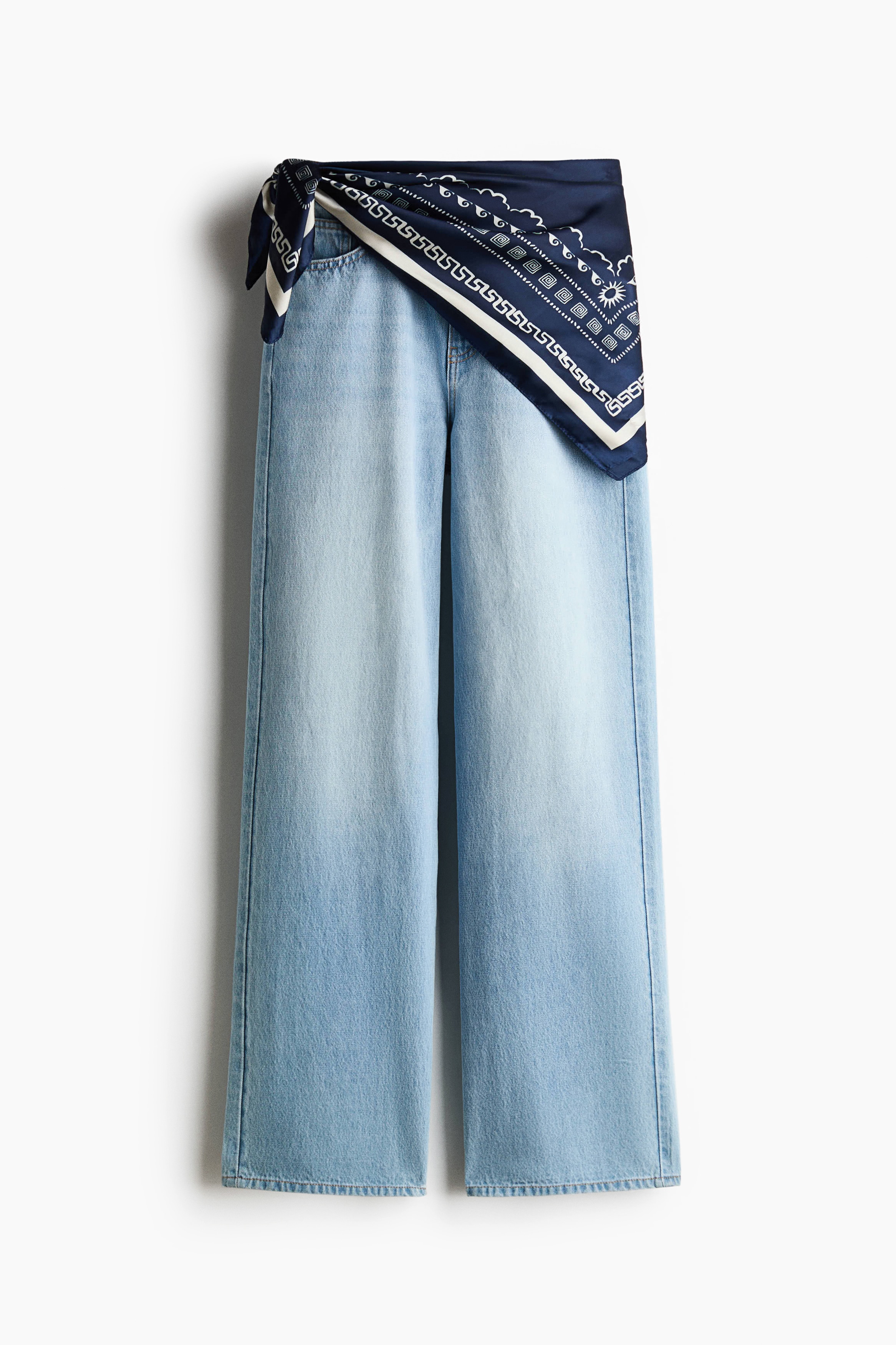 Straight High Waist Scarf-detail jeans - Light denim blue/Navy blue/Denim blue/Orange