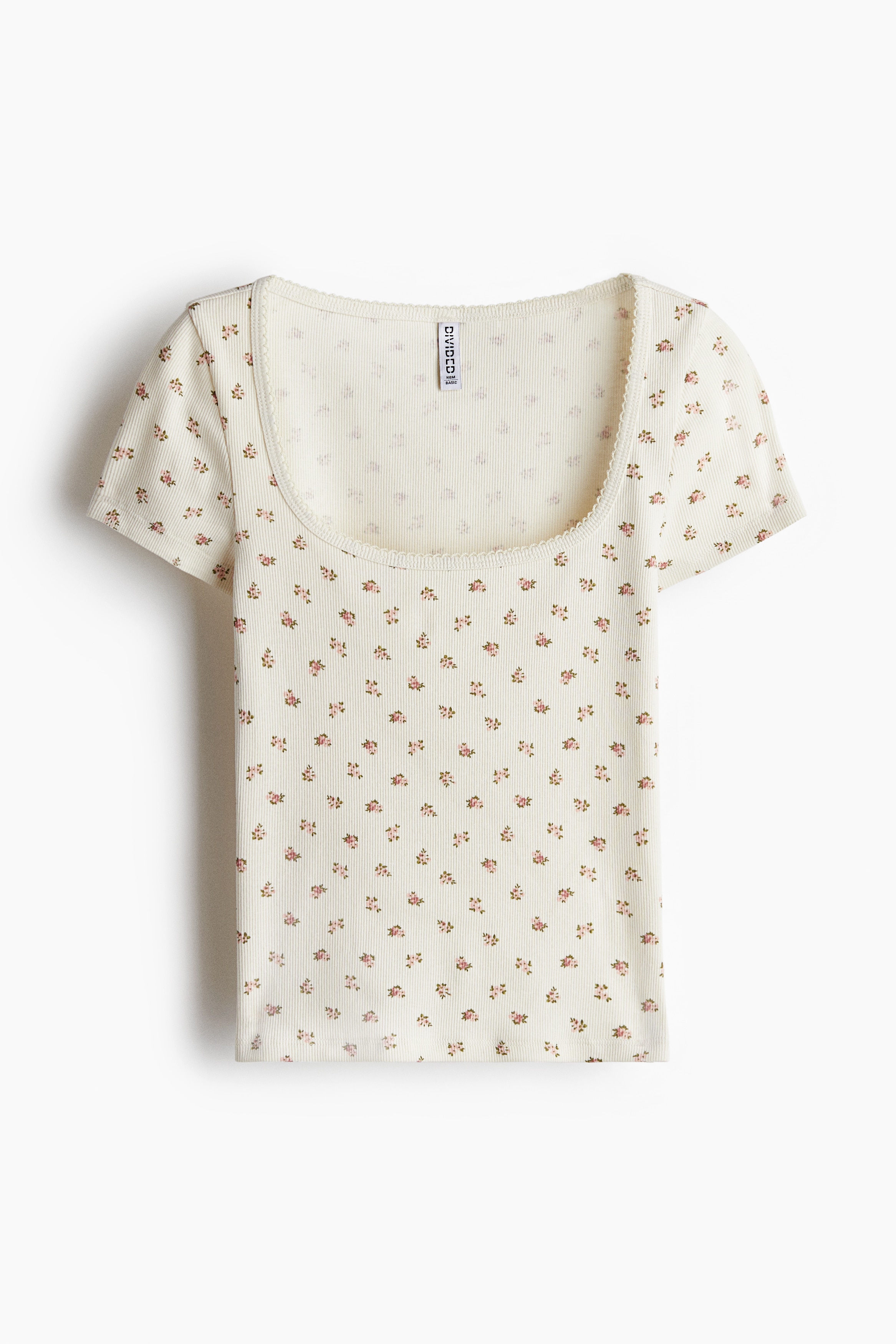 Picot-trimmed ribbed T-shirt - Cream/Floral/Cream/Floral/Black/White