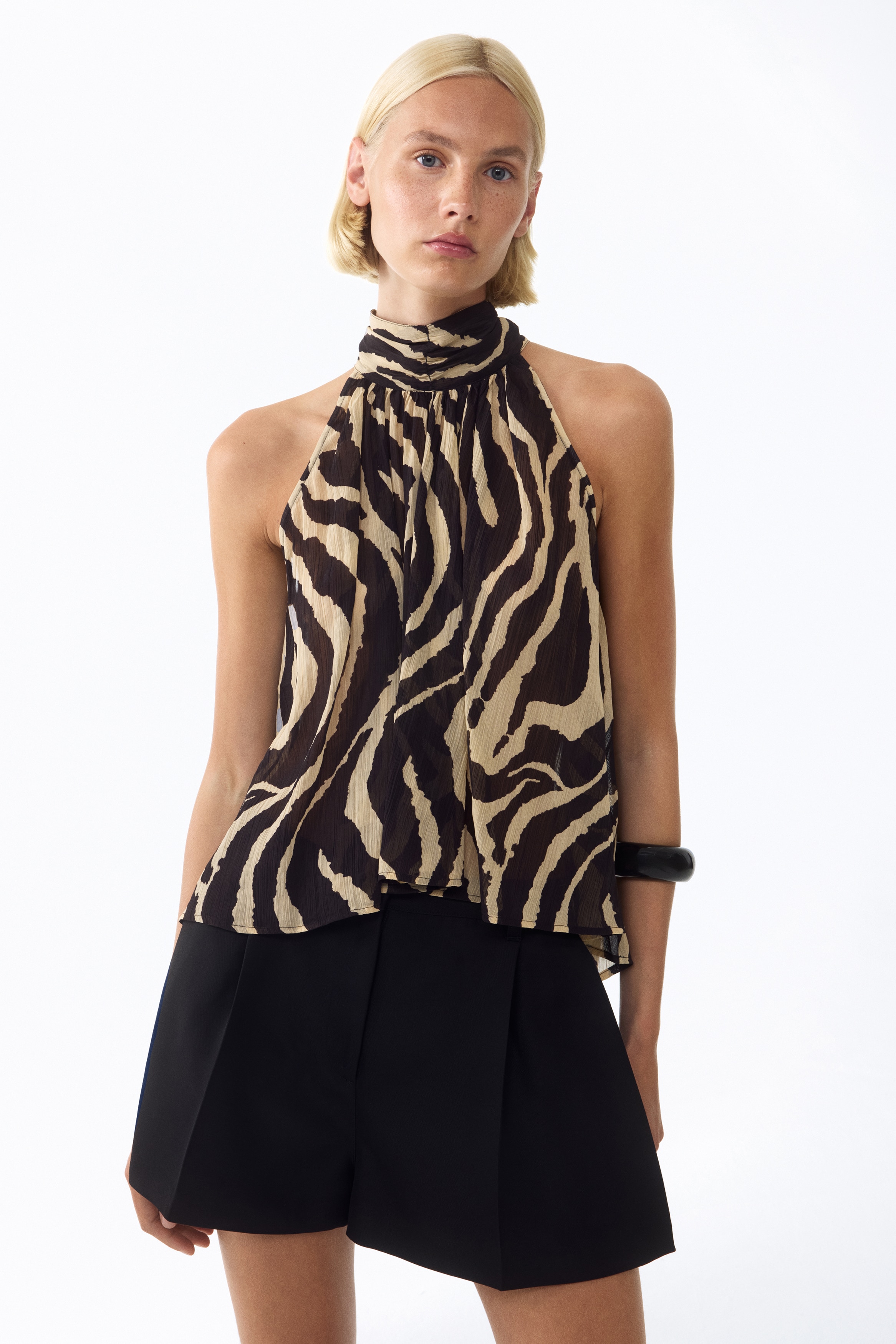 Bluza od šifona s ukrasnim trakama - Bež/dezen zebre