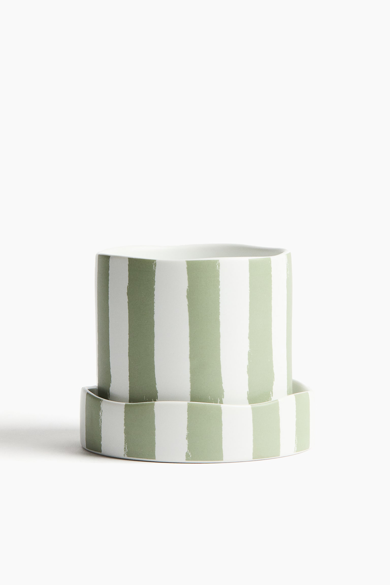 Patterned Plant Pot and Saucer - Green/white striped