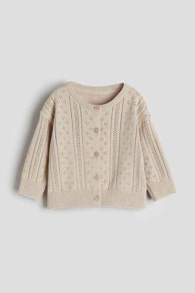 Pointelle-knit cardigan - Round neck - Long sleeve - Light beige - Kids ...