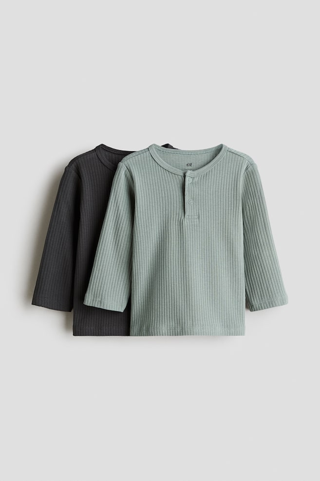 2-pack ribbed jersey tops - Dusty green/Dark grey/Navy blue/Light beige/Dark red/Hearts - 1