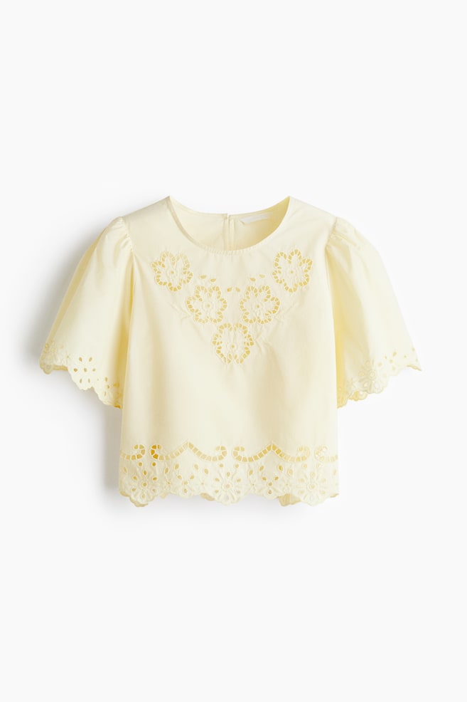 Baumwolltop mit Broderie Anglaise - Hellgelb - 1
