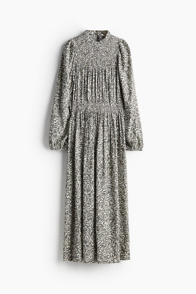 Robe avec détails smockés - Blanc/motif gris foncé - 1