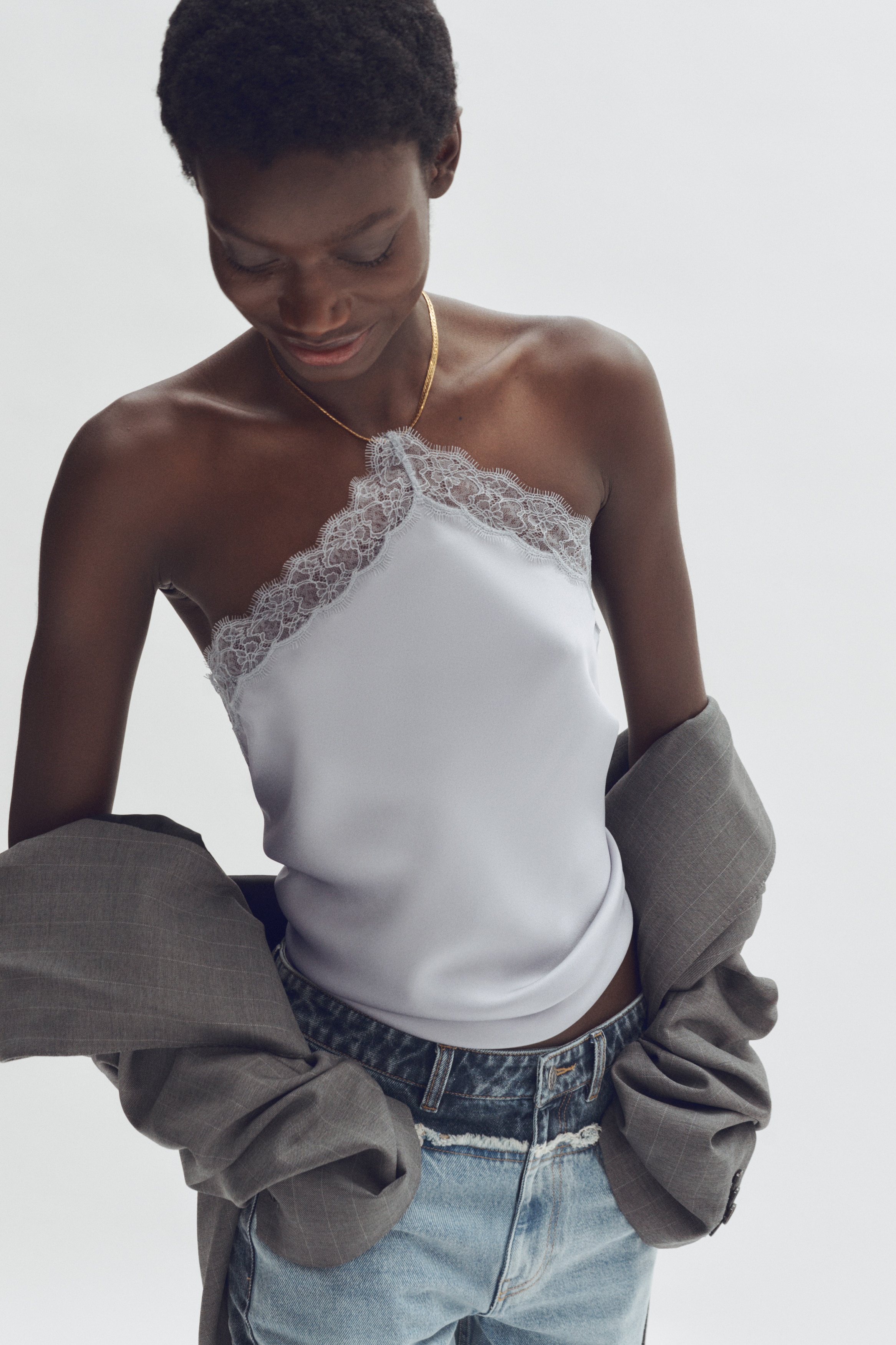 Women's Light dusty blue Lace-Trimmed Halterneck Top | H&M US