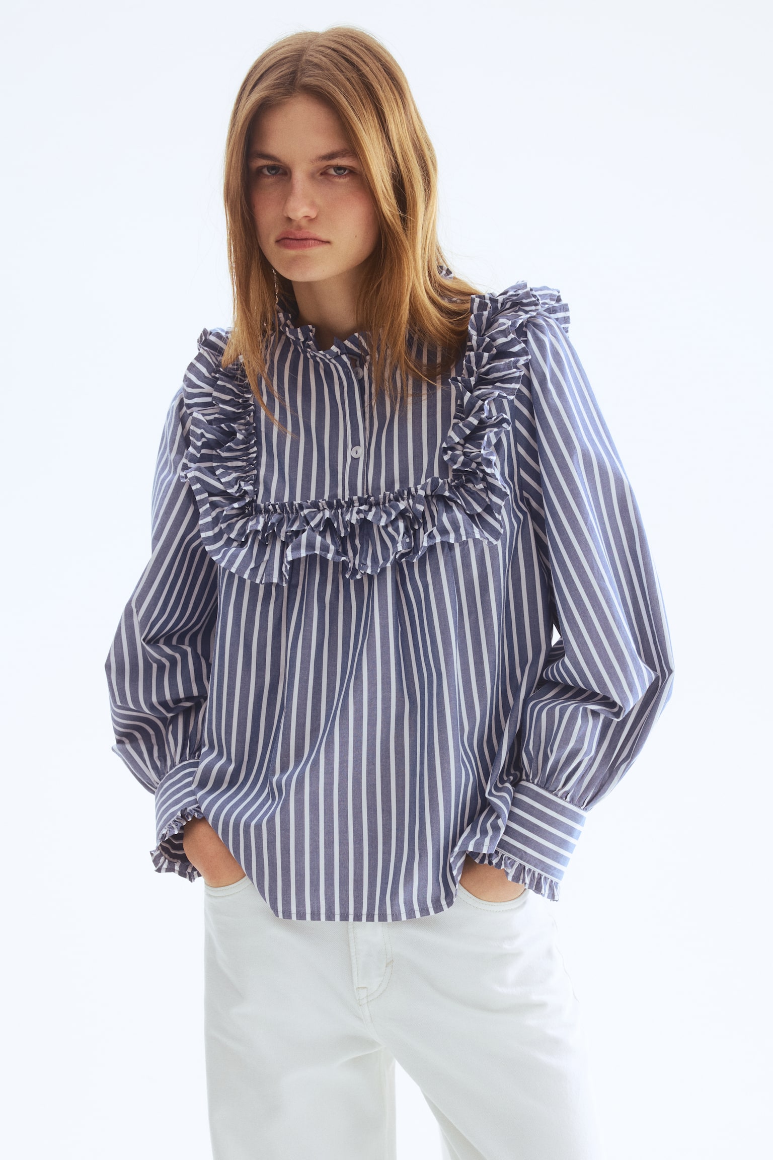Frill-trimmed cotton blouse - Blue/Striped - 4
