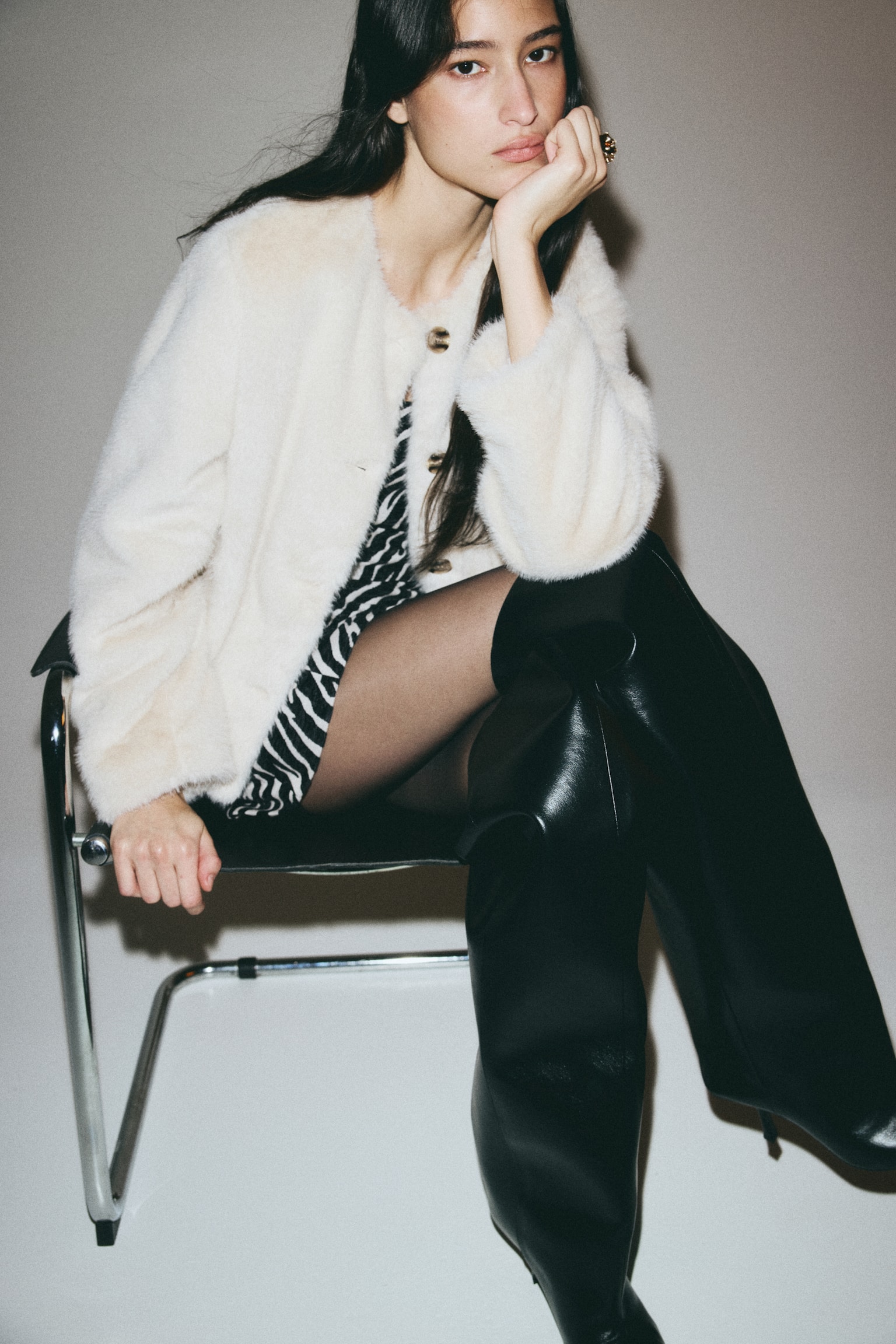 提花平織平口洋裝 - 黑色/斑馬紋 - 6