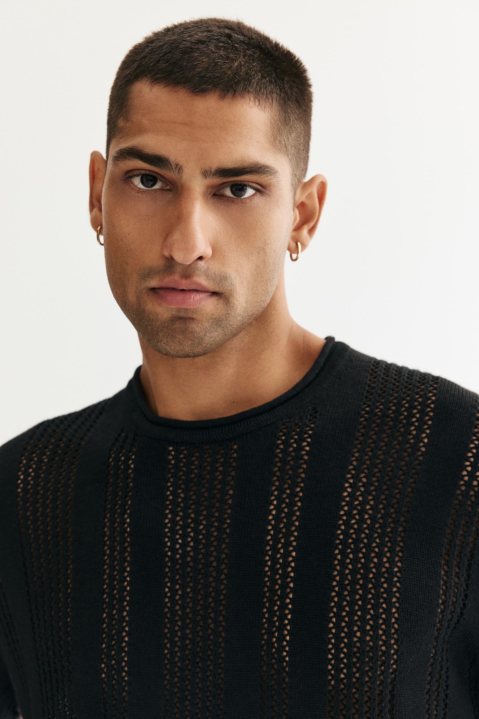 寬鬆剪裁紋理感針織T恤 - 黑色/白色 - 5