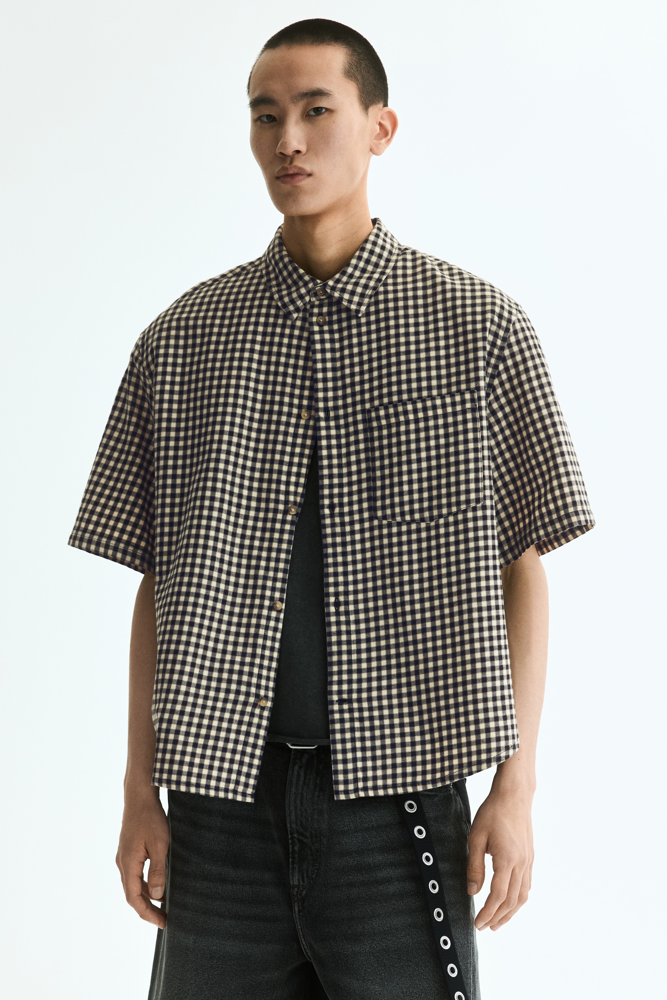 Camicia a maniche corte in cotone Relaxed Fit - Nero/quadri/Verde kaki/quadri