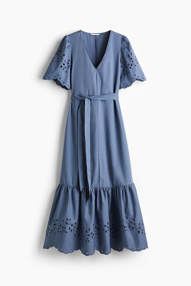 Langes Kleid mit Broderie Anglaise - Mattblau - 1
