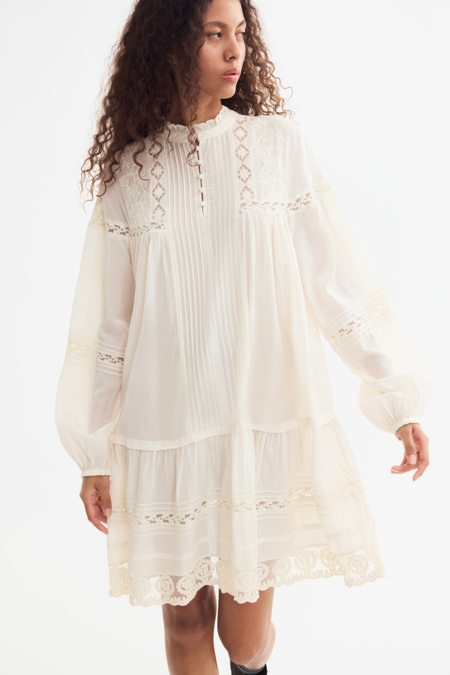 Lace-trimmed tunic dress - Cream/Dark brown - 1