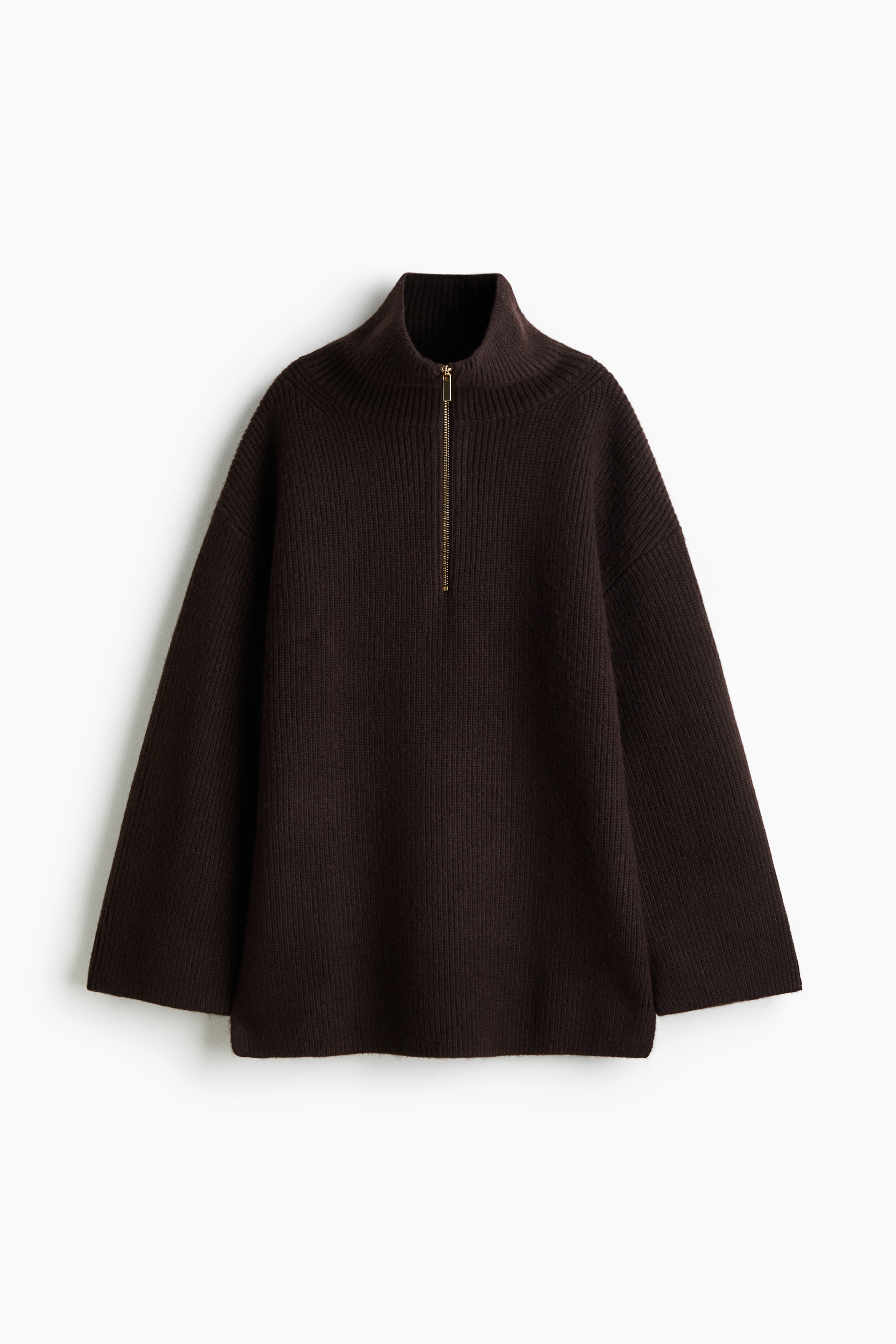 Pull en maille côtelée à col zippé - Marron foncé/Bleu marine/Noir/rayé/Gris chiné/Crème