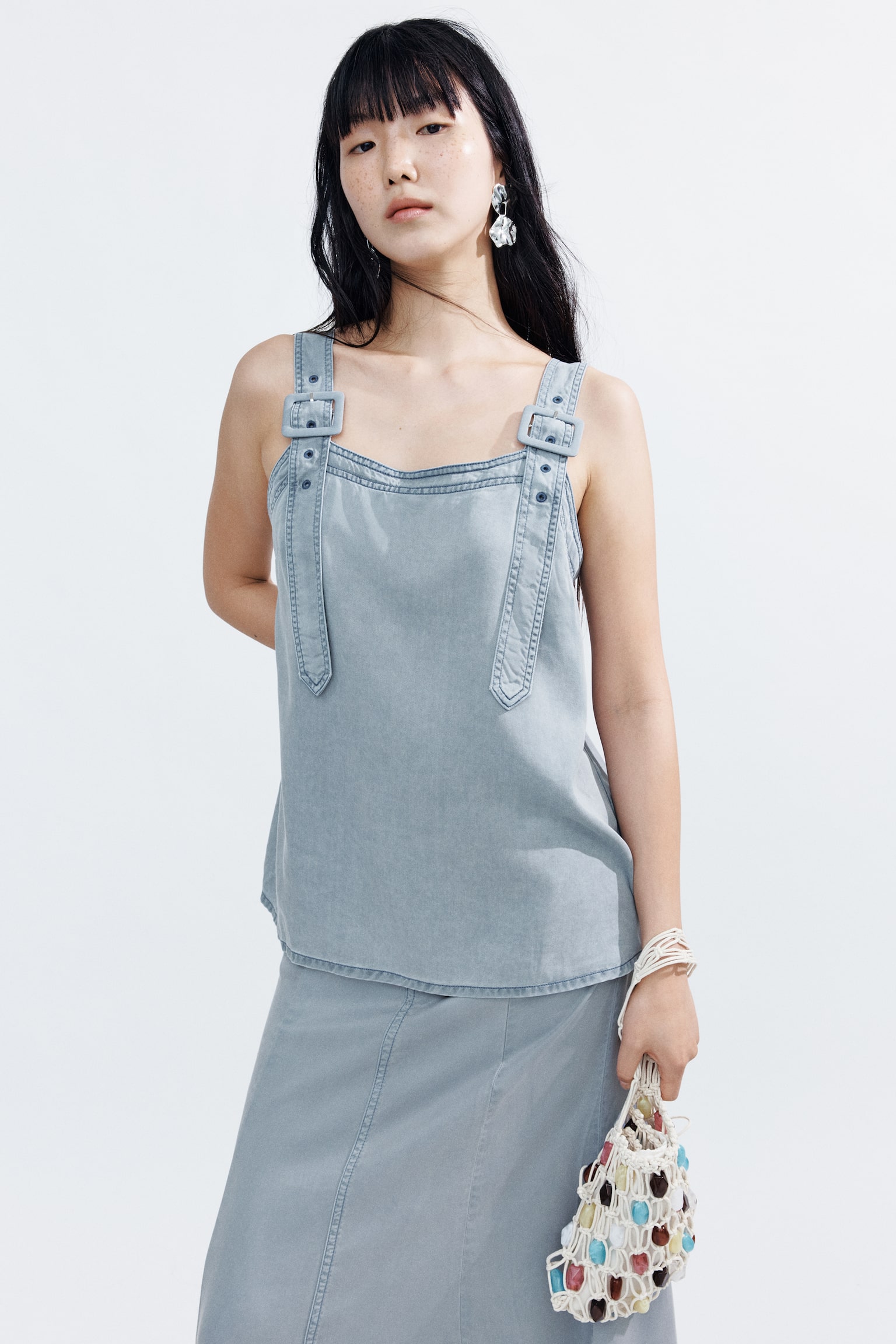 Áo denim có chi tiết mặt khoá - Màu xanh denim nhạt - 1