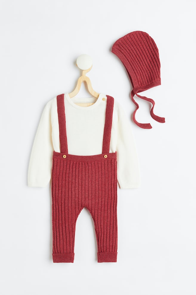 3-piece fine-knit cotton set - Dark red/White - 1