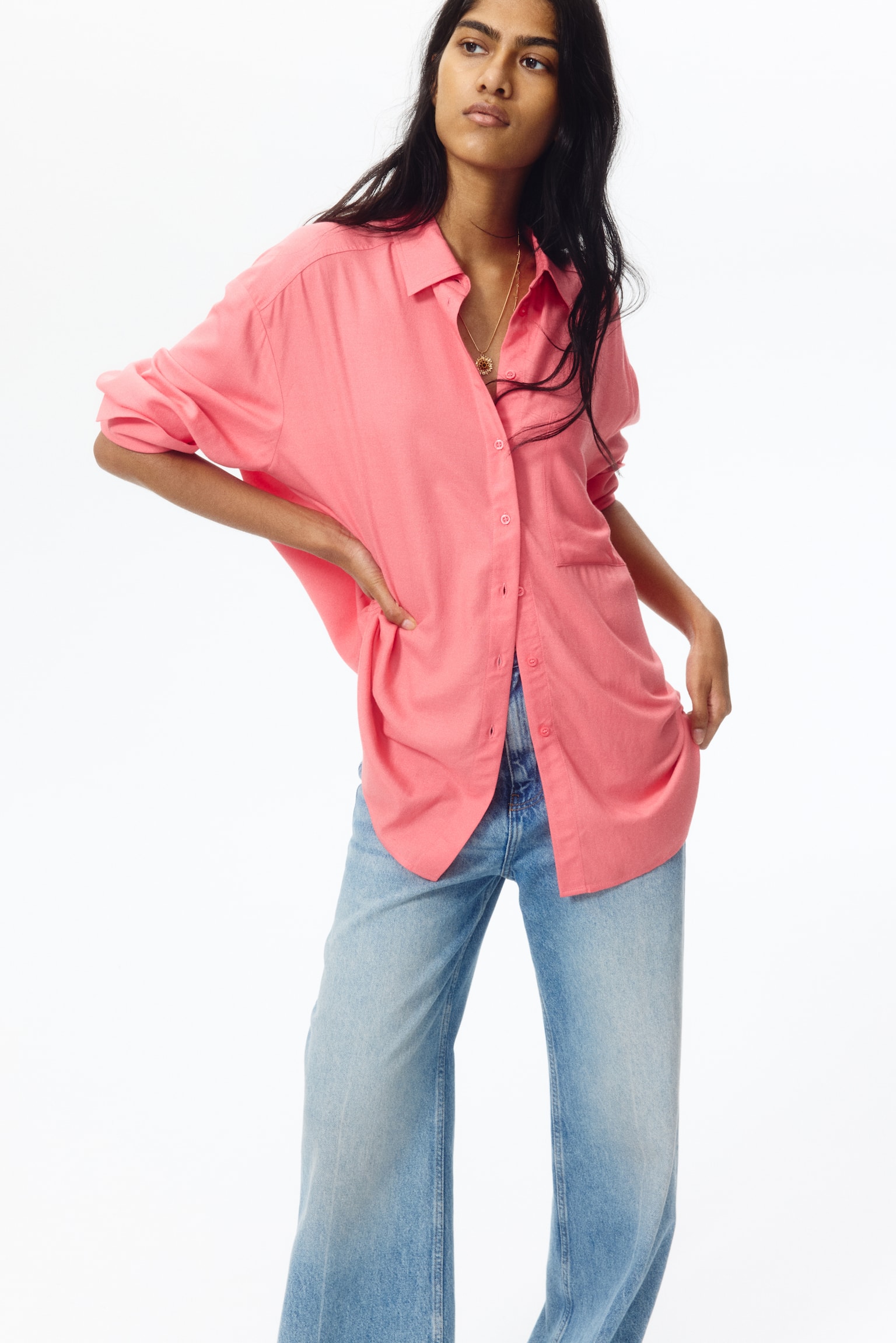 Oversized linen-blend shirt - Coral pink/Beige/Striped/Apricot/Striped/White/Striped - 1