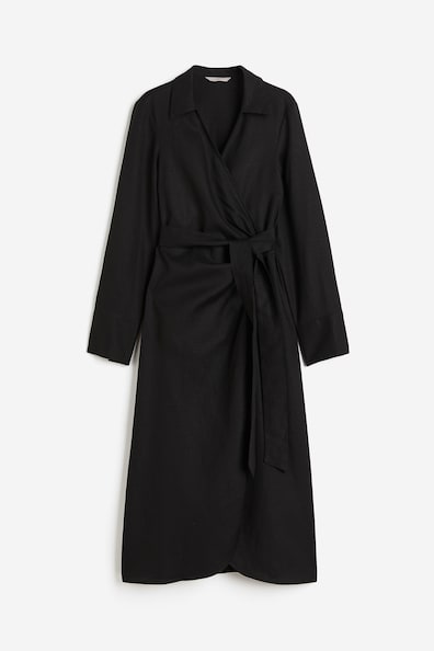 Linen-blend Wrap Dress - Long sleeve - Midi - Black - Ladies | H&M US