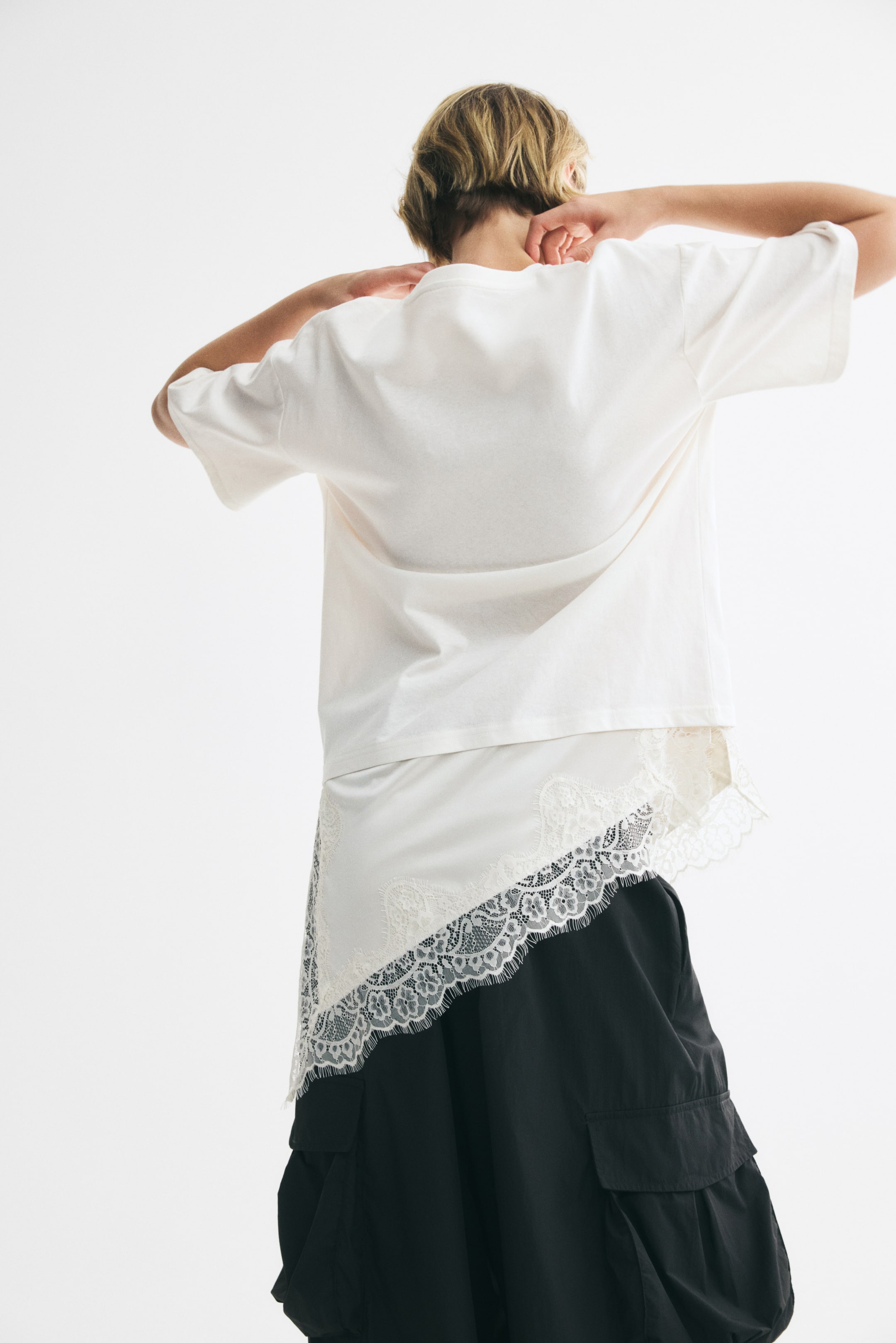Lace-Trimmed Asymmetric T-Shirt