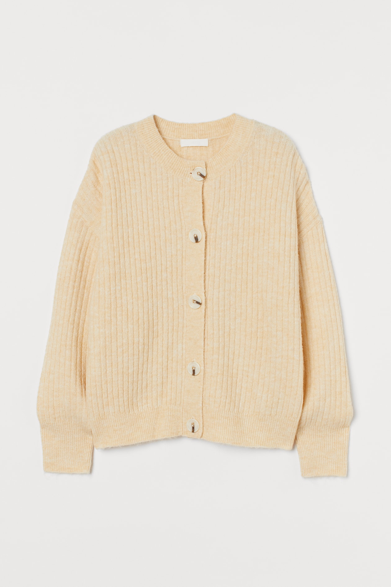 Rib-knit cardigan - Round neck - Long sleeve - Light yellow - Ladies ...