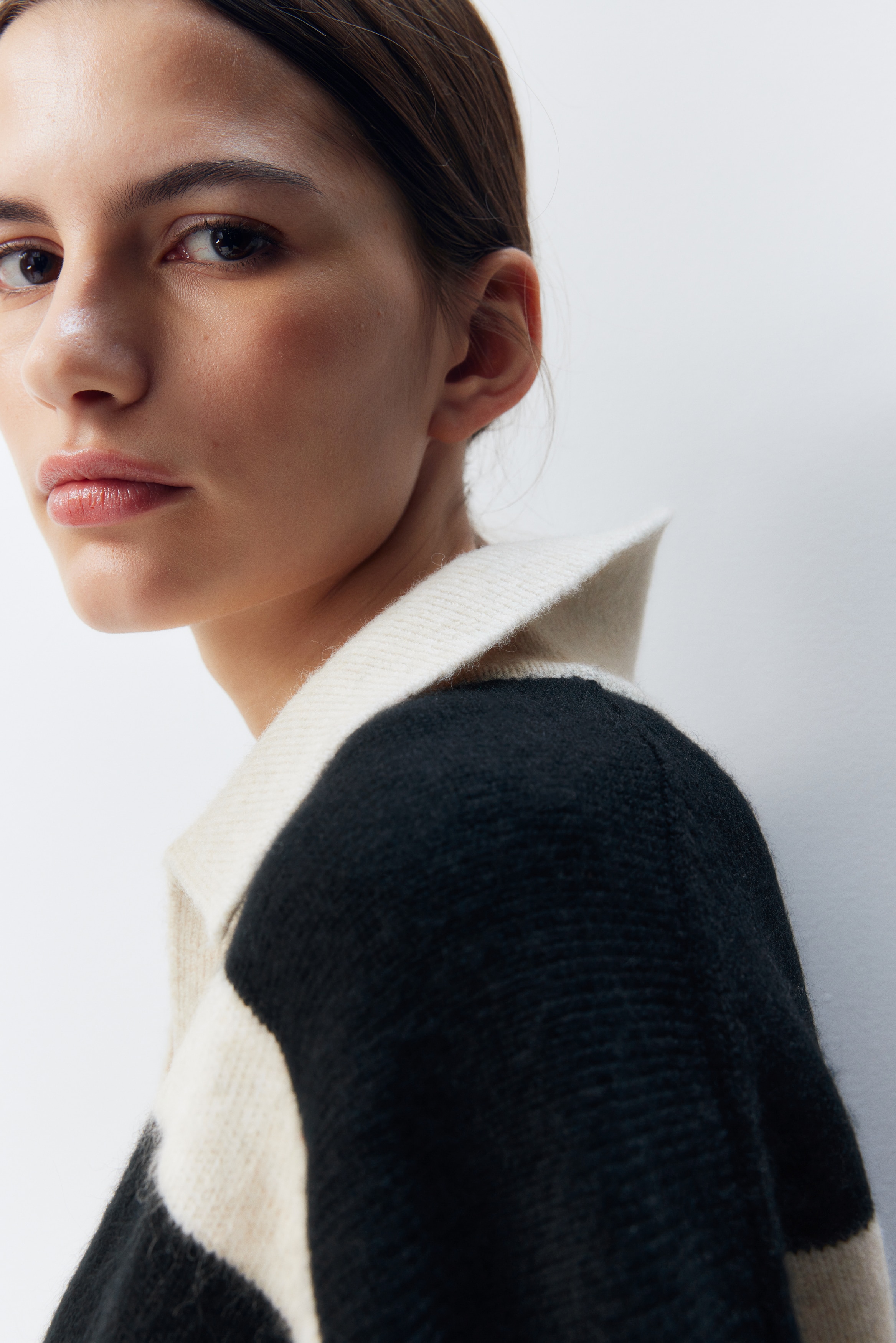 襟付きファインニットセーター - ブラック／ボーダー