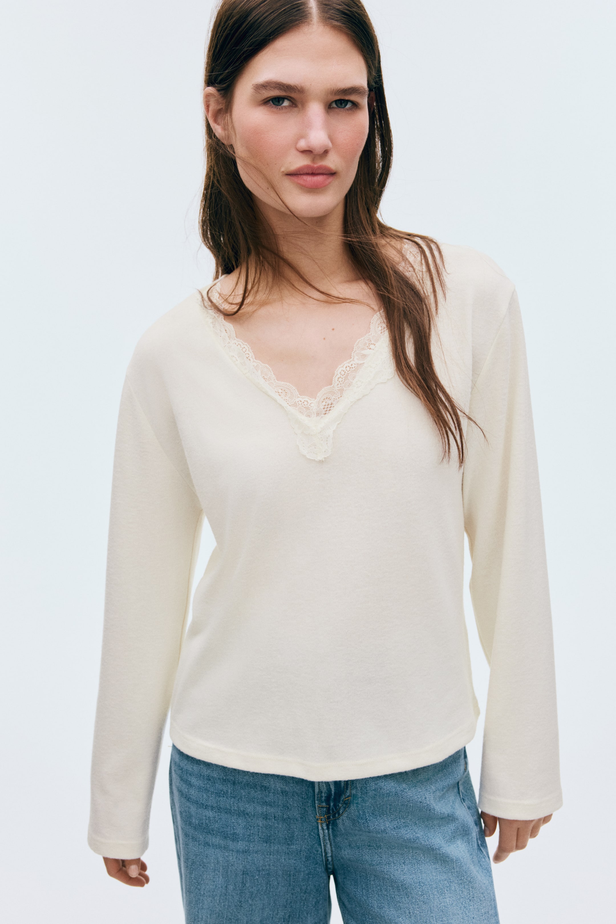 Ver imagem maior: Camisola em malha com renda - Branco - SENHORA | H&M PT 1