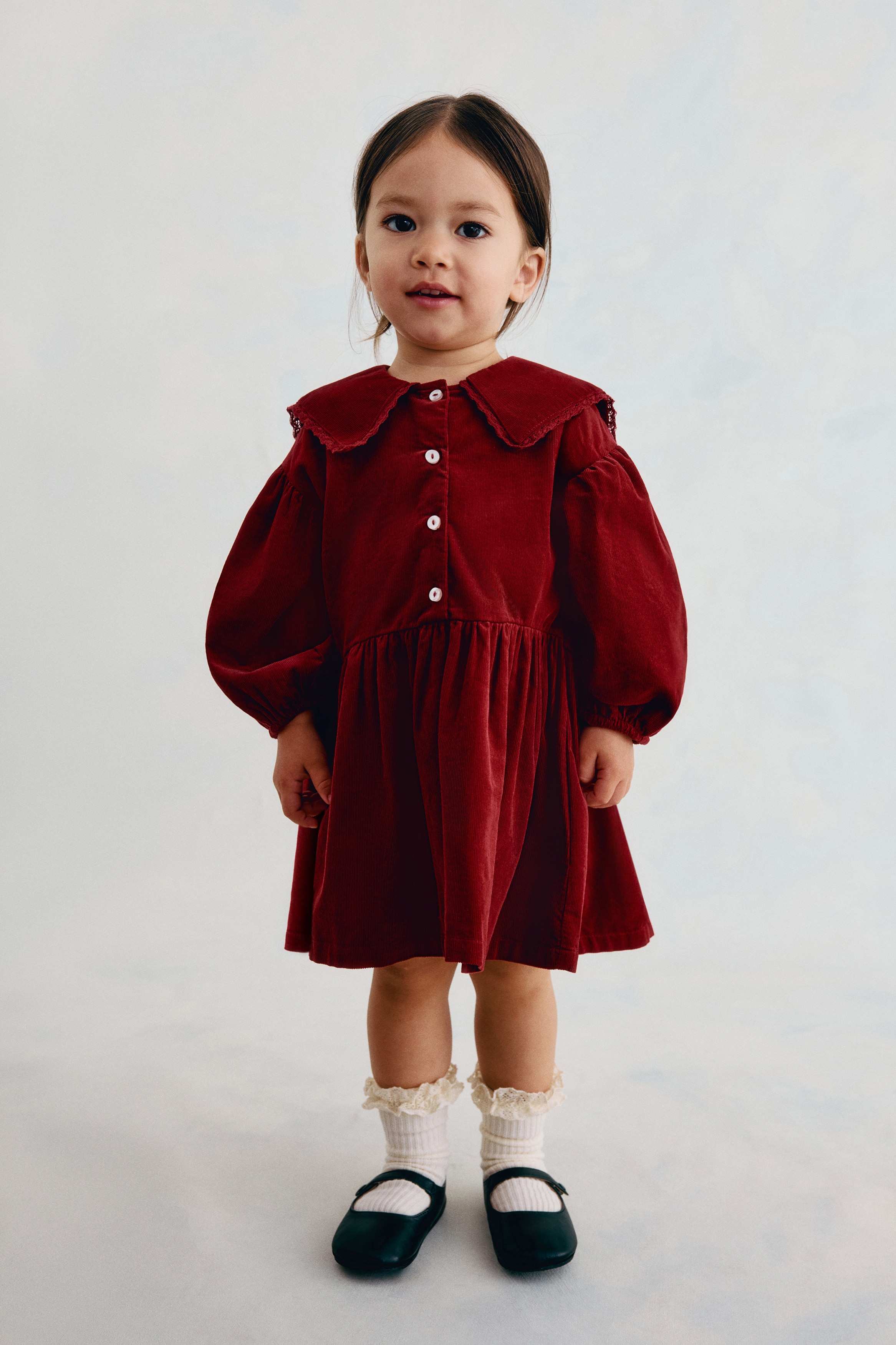 Corduroy cotton dress - Red/Light beige