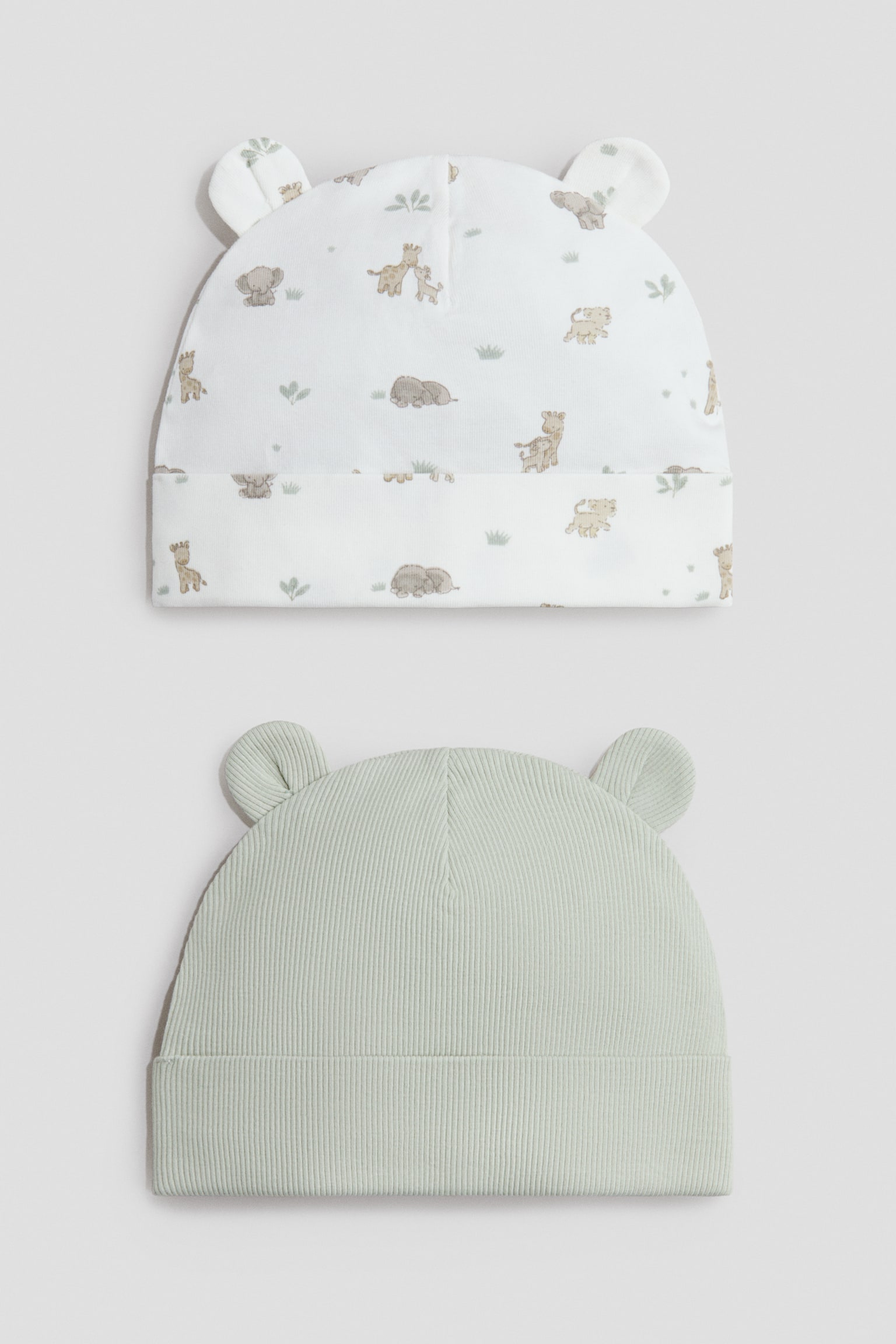2-pack ribbad beanie med öron - Ljusgrön/Djur/Ljusbeige/Mörkbeigemelerad